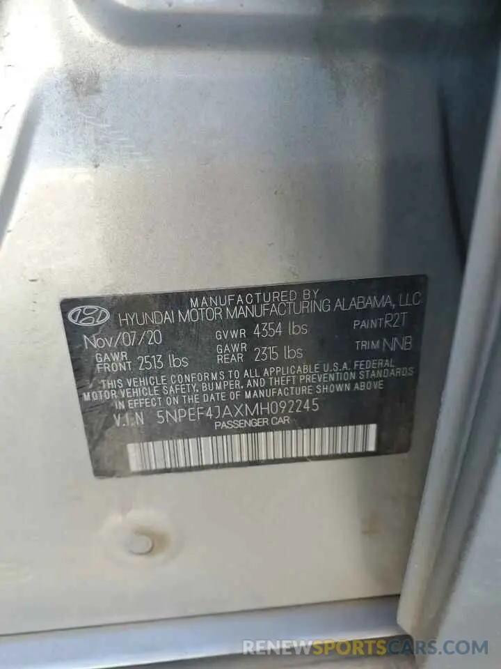 12 fotografías del automóvil dañado 5NPEF4JAXMH092245 HYUNDAI SONATA 2021