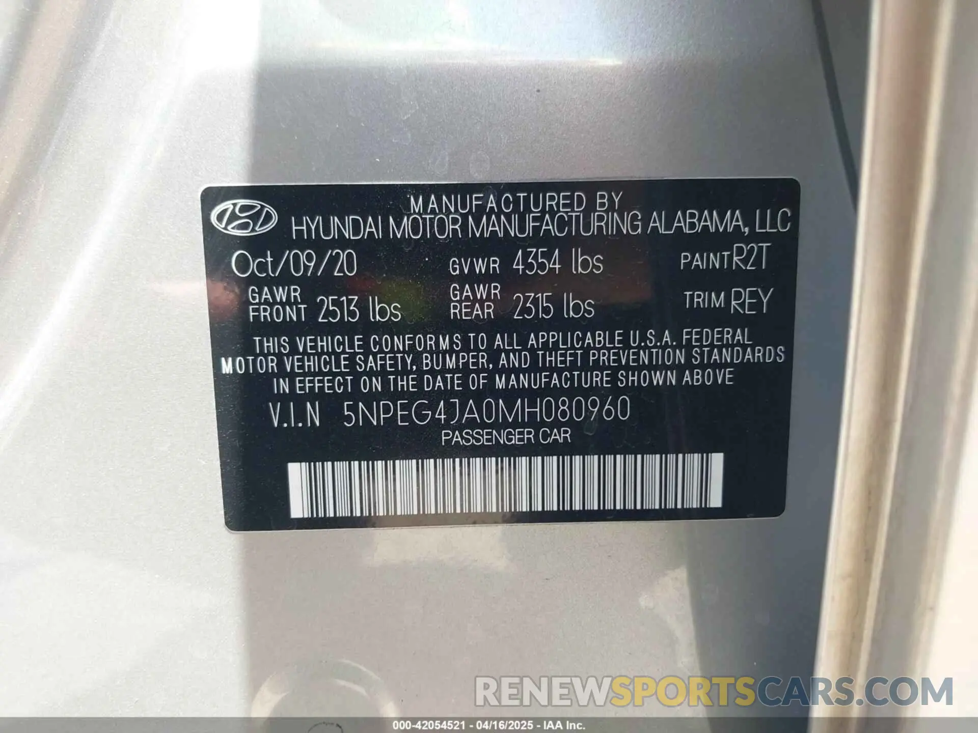 9 fotografías del automóvil dañado 5NPEG4JA0MH080960 HYUNDAI SONATA 2021