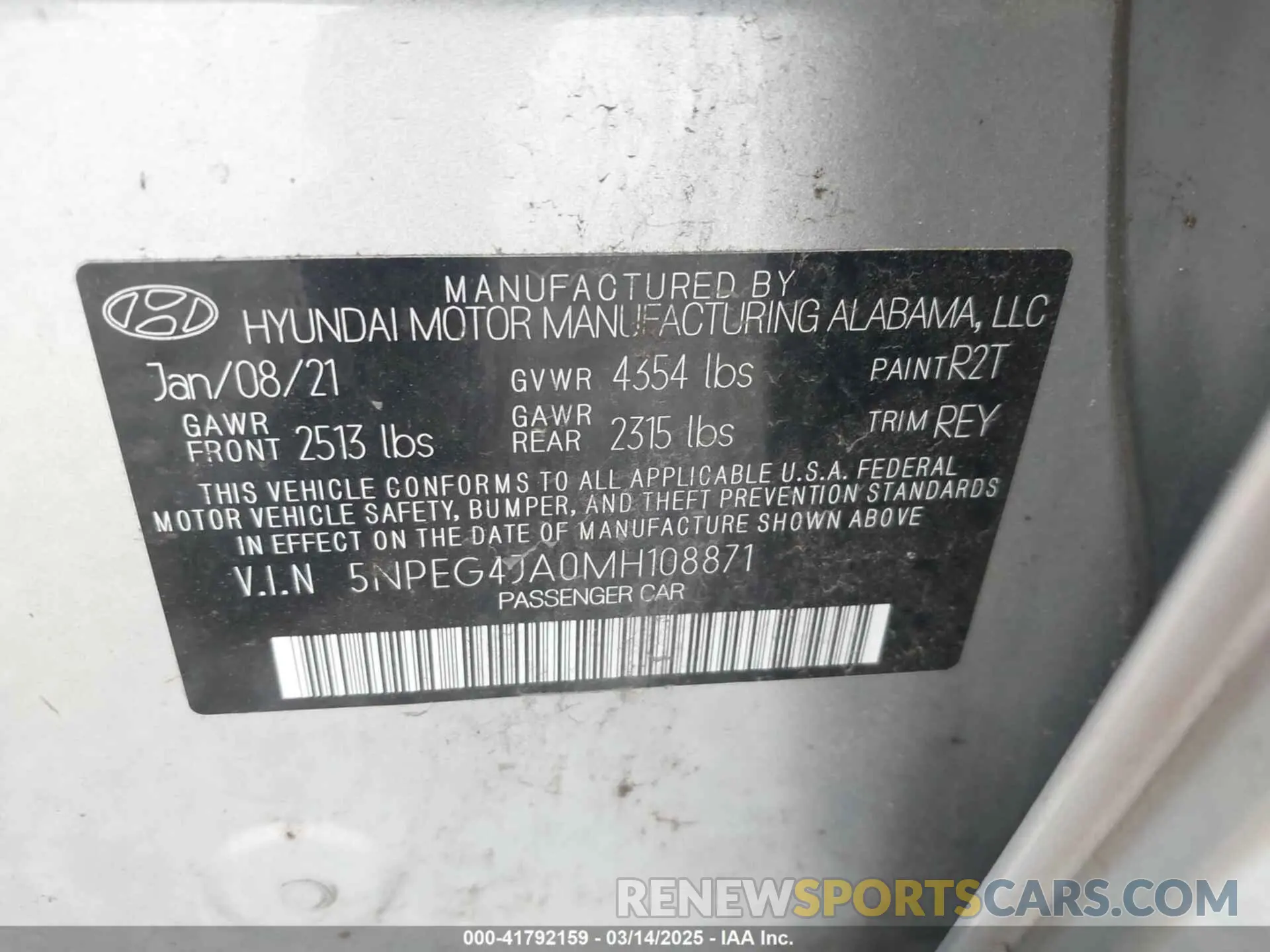 9 fotografías del automóvil dañado 5NPEG4JA0MH108871 HYUNDAI SONATA 2021