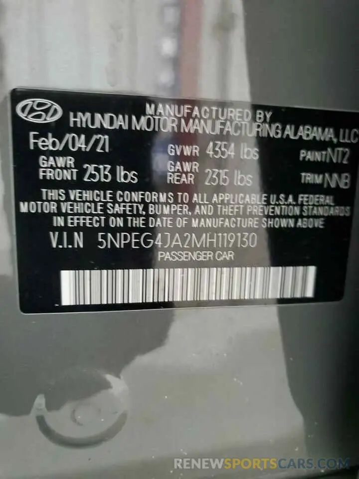 12 fotografías del automóvil dañado 5NPEG4JA2MH119130 HYUNDAI SONATA 2021