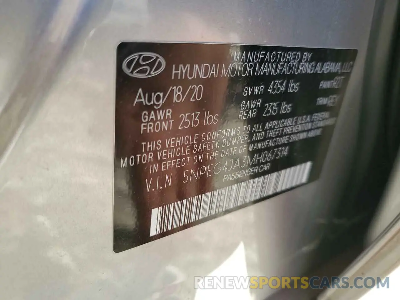14 fotografías del automóvil dañado 5NPEG4JA3MH067314 HYUNDAI SONATA 2021
