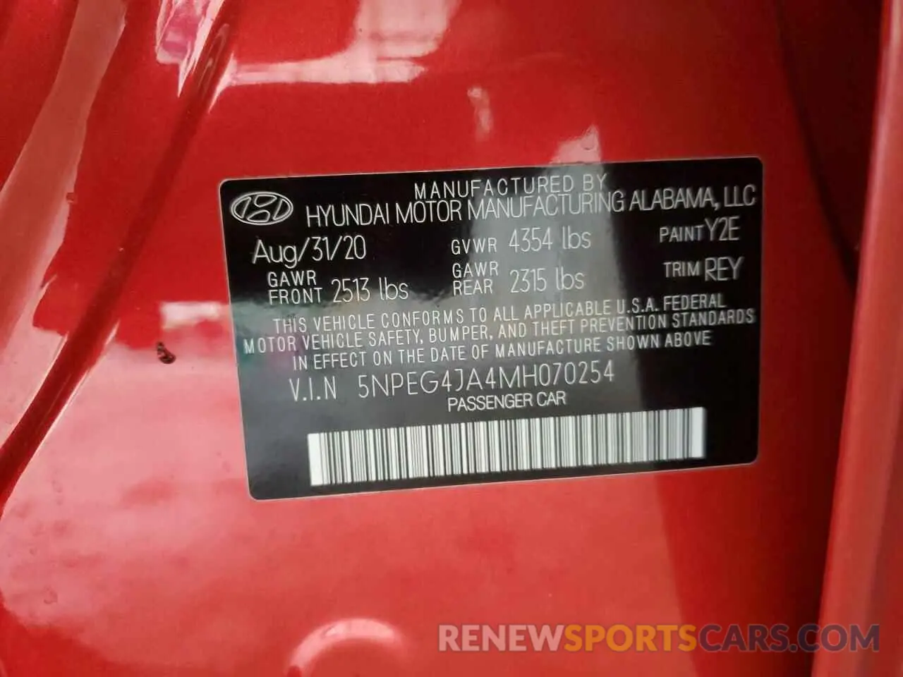 12 fotografías del automóvil dañado 5NPEG4JA4MH070254 HYUNDAI SONATA 2021