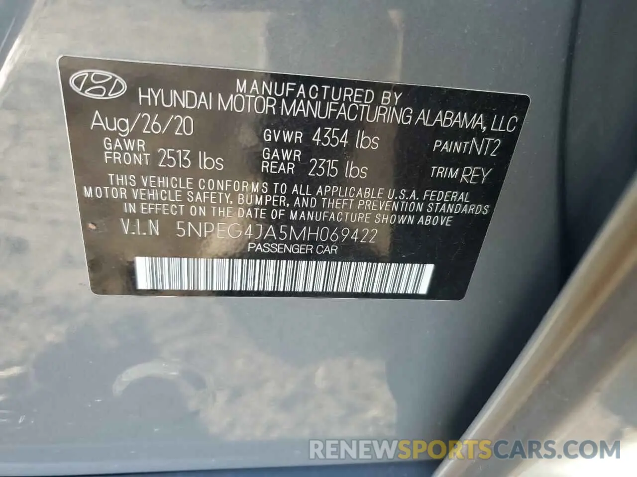 12 fotografías del automóvil dañado 5NPEG4JA5MH069422 HYUNDAI SONATA 2021
