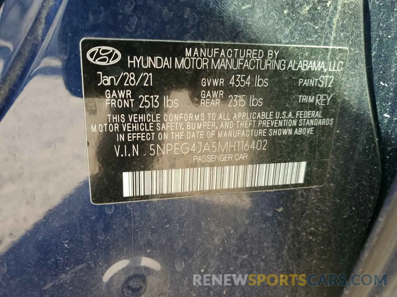 12 fotografías del automóvil dañado 5NPEG4JA5MH116402 HYUNDAI SONATA 2021
