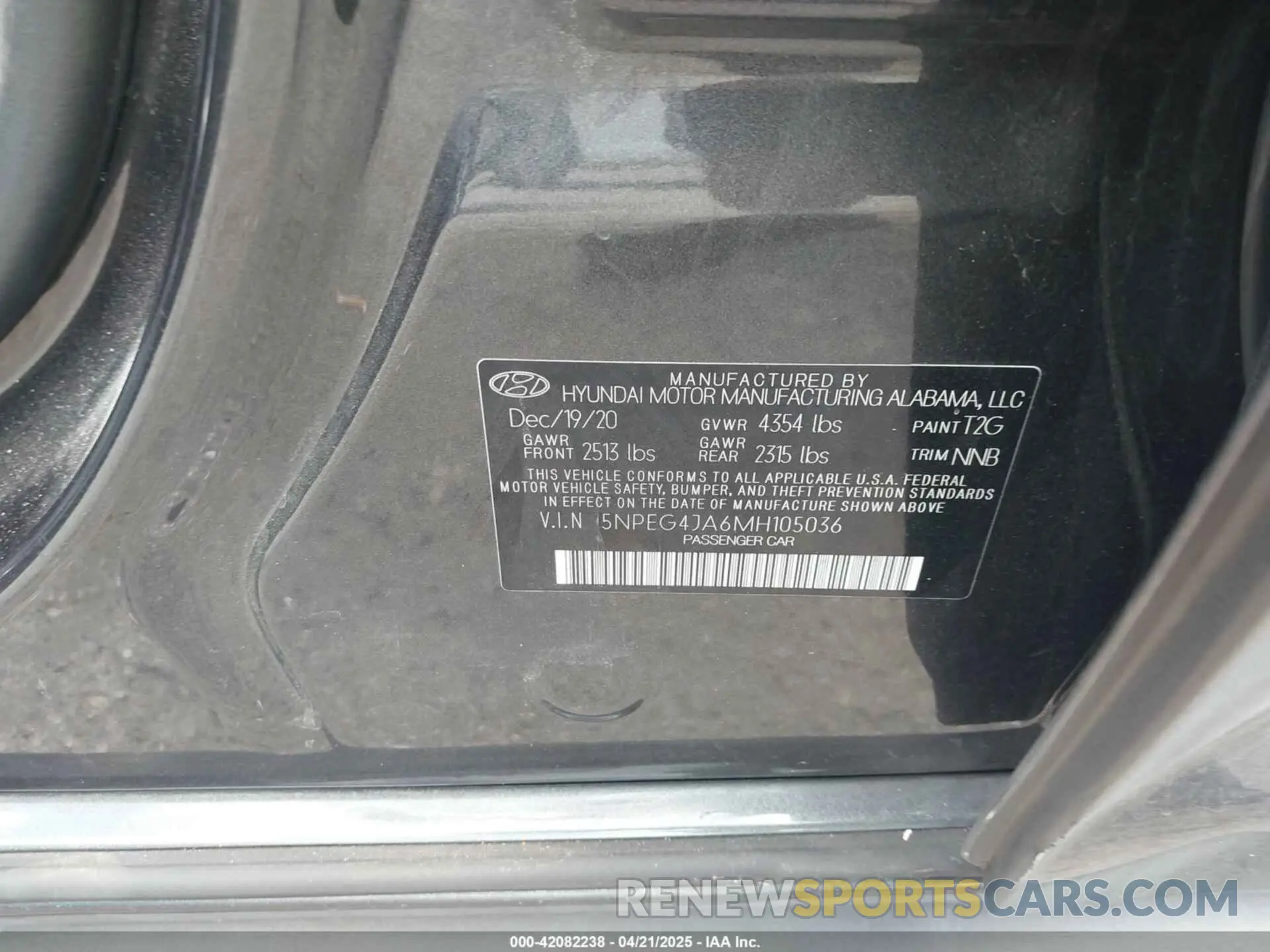 9 fotografías del automóvil dañado 5NPEG4JA6MH105036 HYUNDAI SONATA 2021