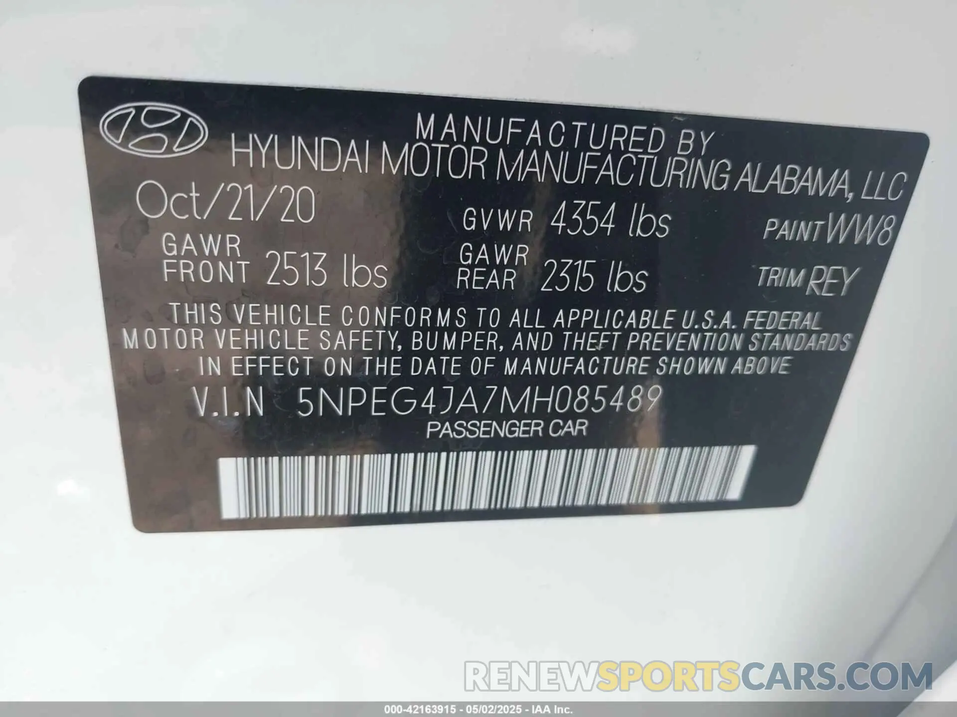 9 fotografías del automóvil dañado 5NPEG4JA7MH085489 HYUNDAI SONATA 2021