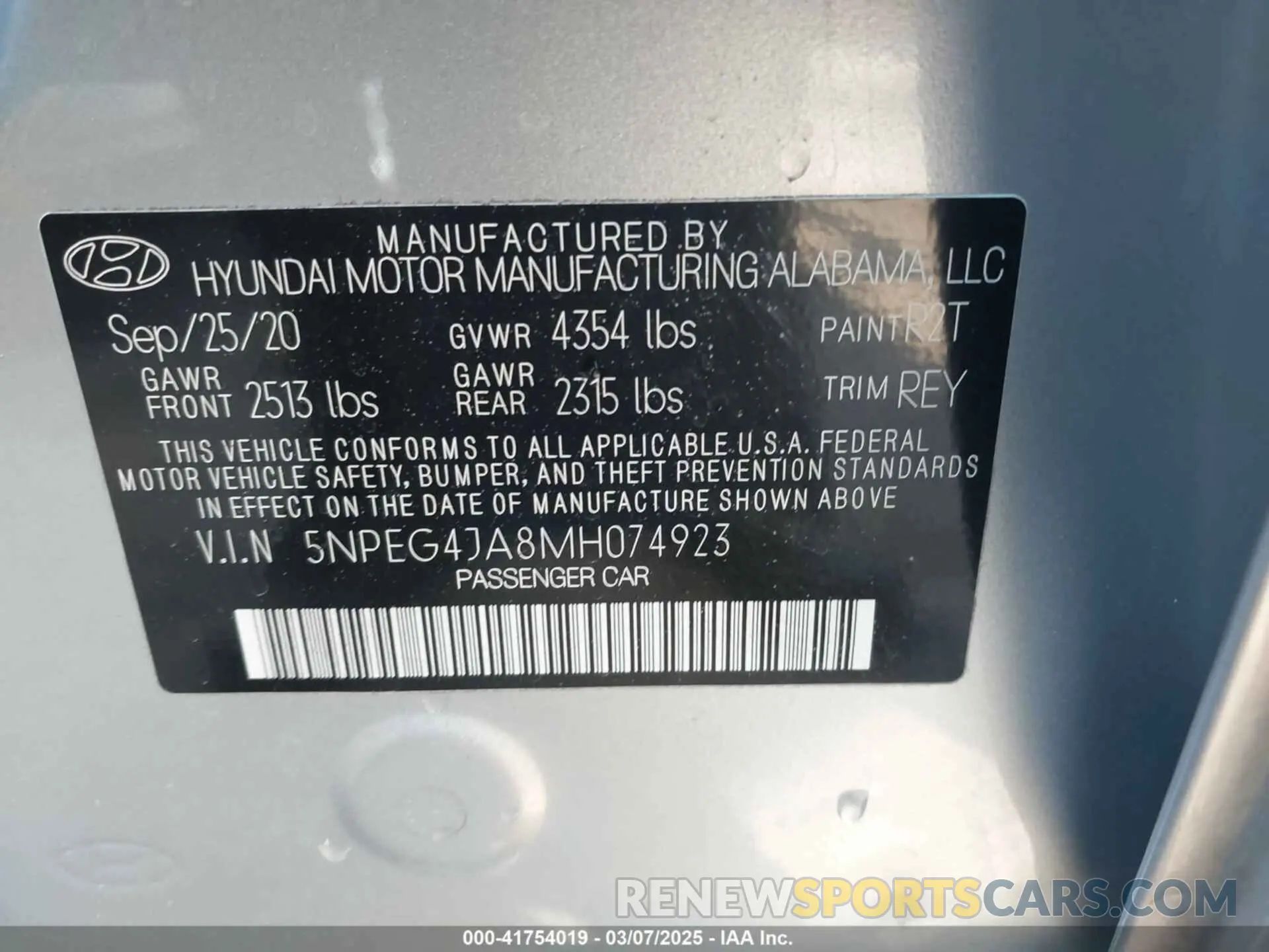 9 fotografías del automóvil dañado 5NPEG4JA8MH074923 HYUNDAI SONATA 2021