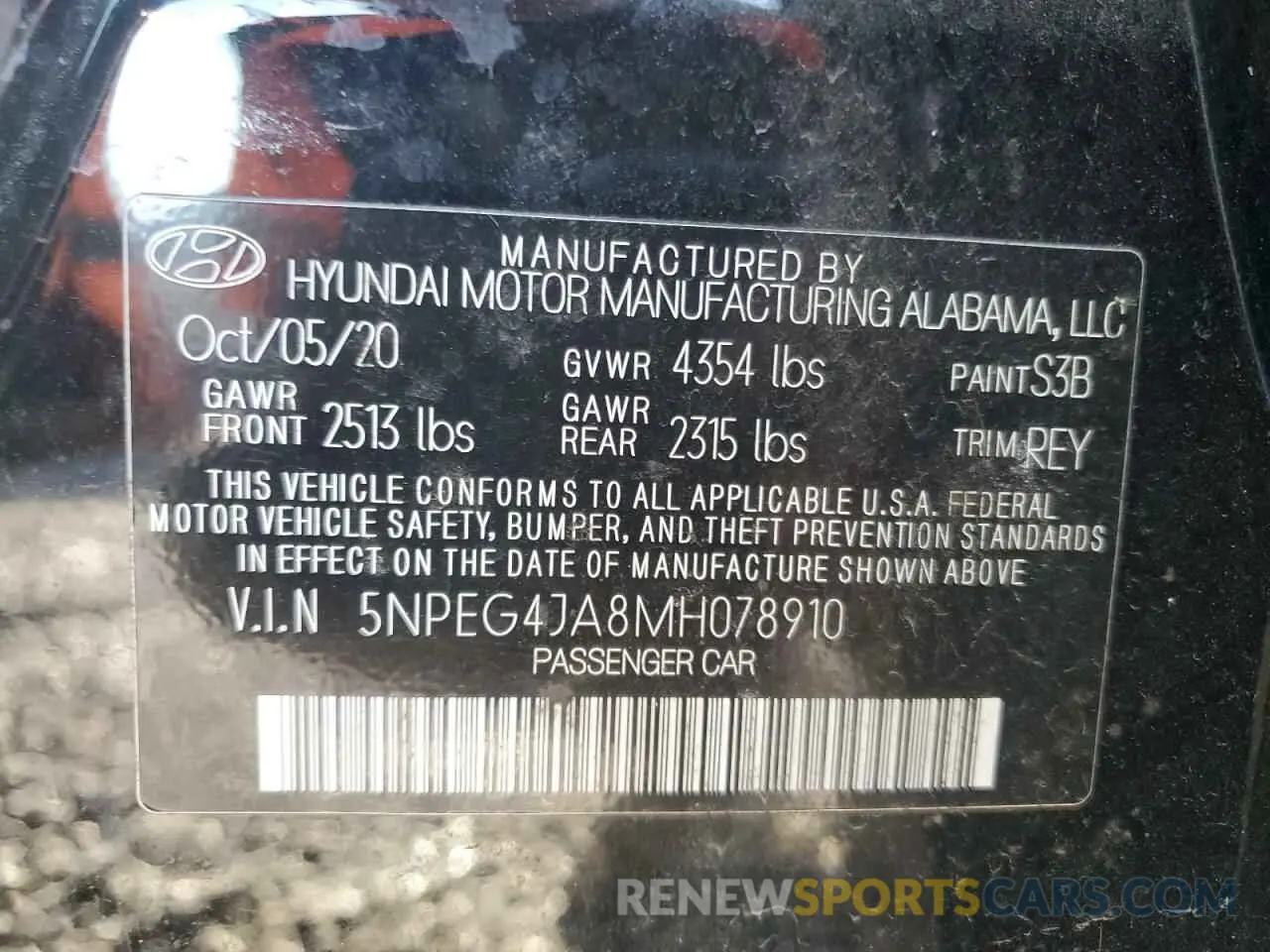 12 fotografías del automóvil dañado 5NPEG4JA8MH078910 HYUNDAI SONATA 2021