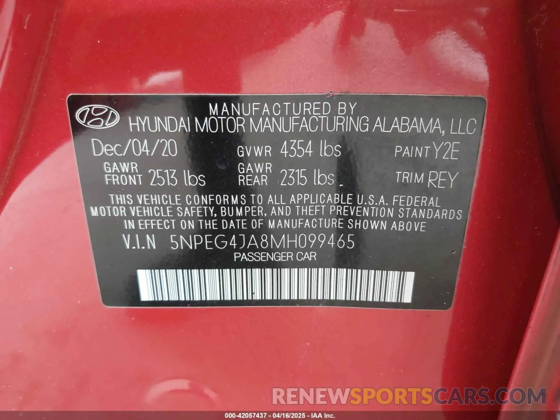 9 fotografías del automóvil dañado 5NPEG4JA8MH099465 HYUNDAI SONATA 2021