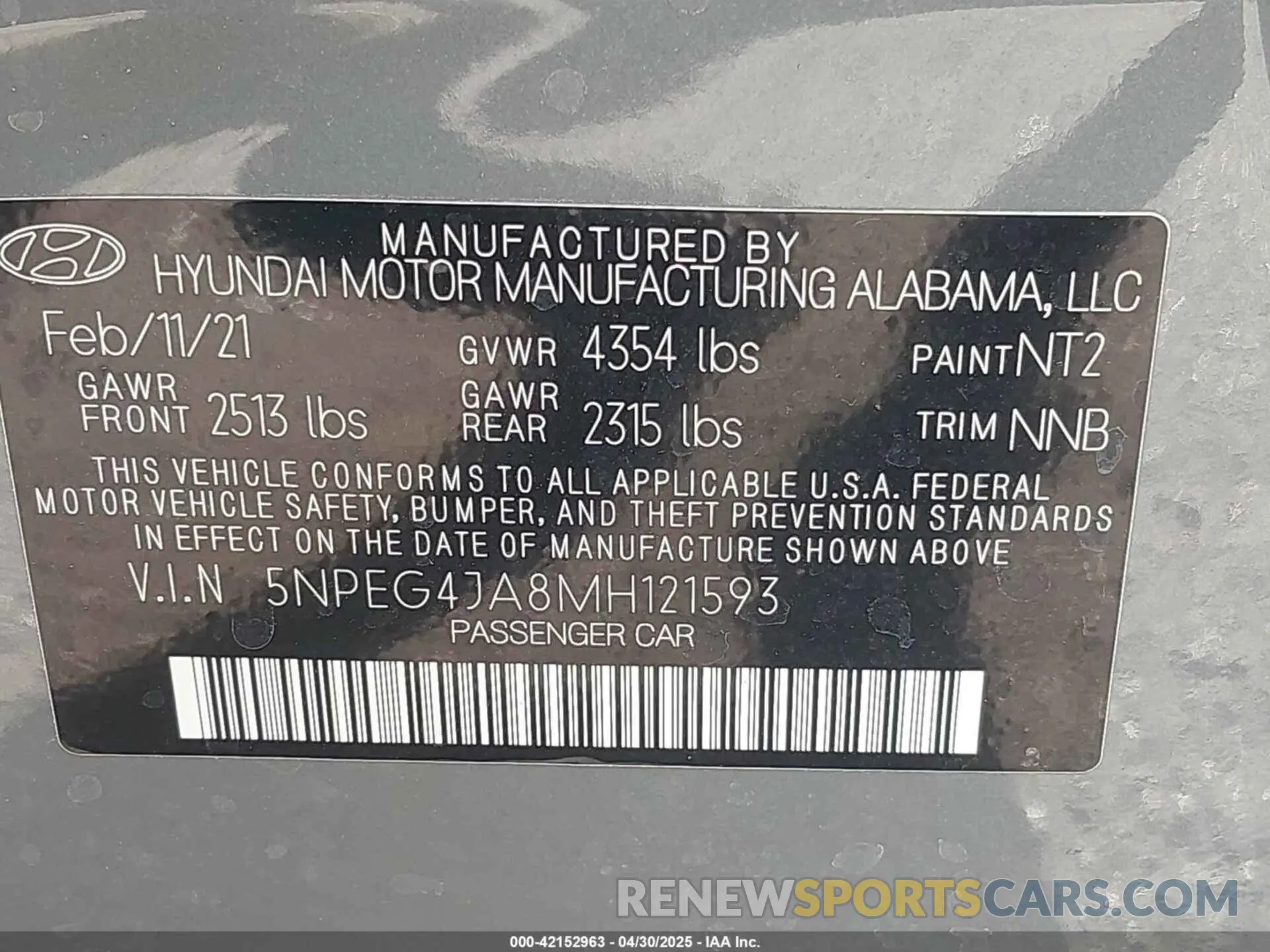 9 fotografías del automóvil dañado 5NPEG4JA8MH121593 HYUNDAI SONATA 2021