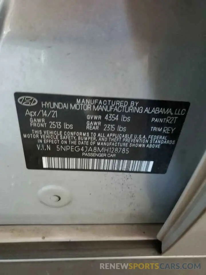 12 fotografías del automóvil dañado 5NPEG4JA8MH128785 HYUNDAI SONATA 2021