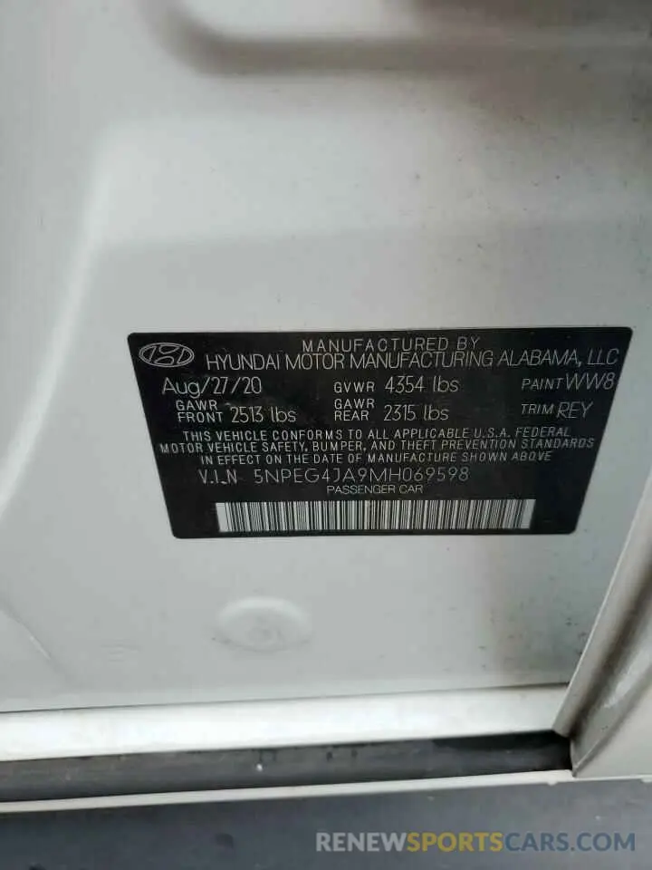 12 fotografías del automóvil dañado 5NPEG4JA9MH069598 HYUNDAI SONATA 2021