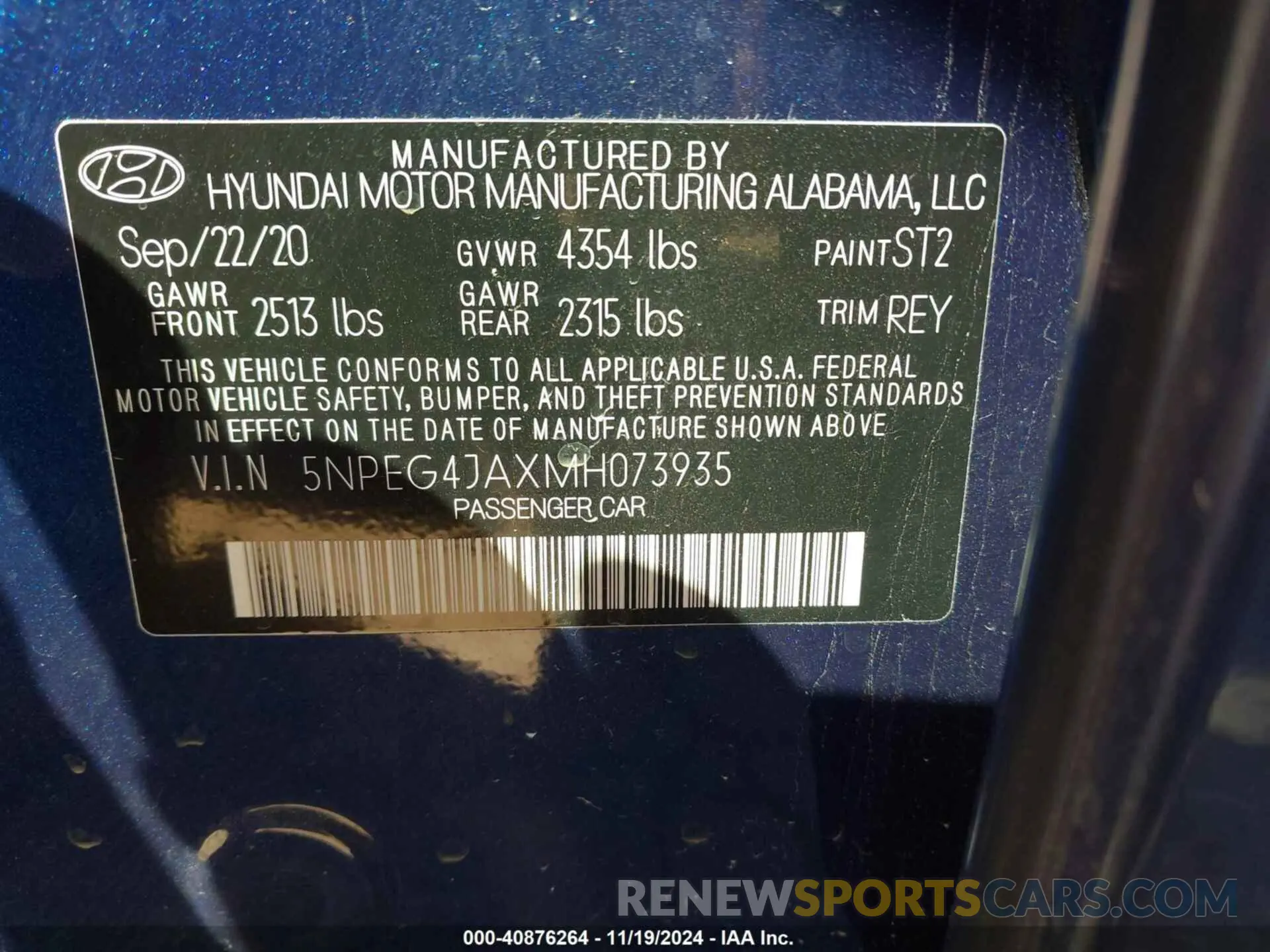 9 fotografías del automóvil dañado 5NPEG4JAXMH073935 HYUNDAI SONATA 2021