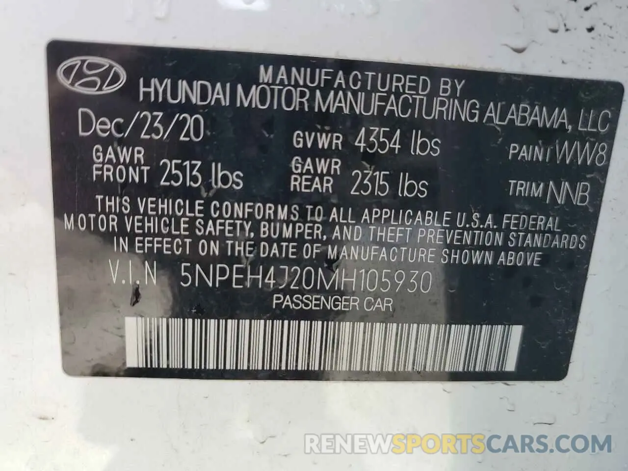 12 fotografías del automóvil dañado 5NPEH4J20MH105930 HYUNDAI SONATA 2021