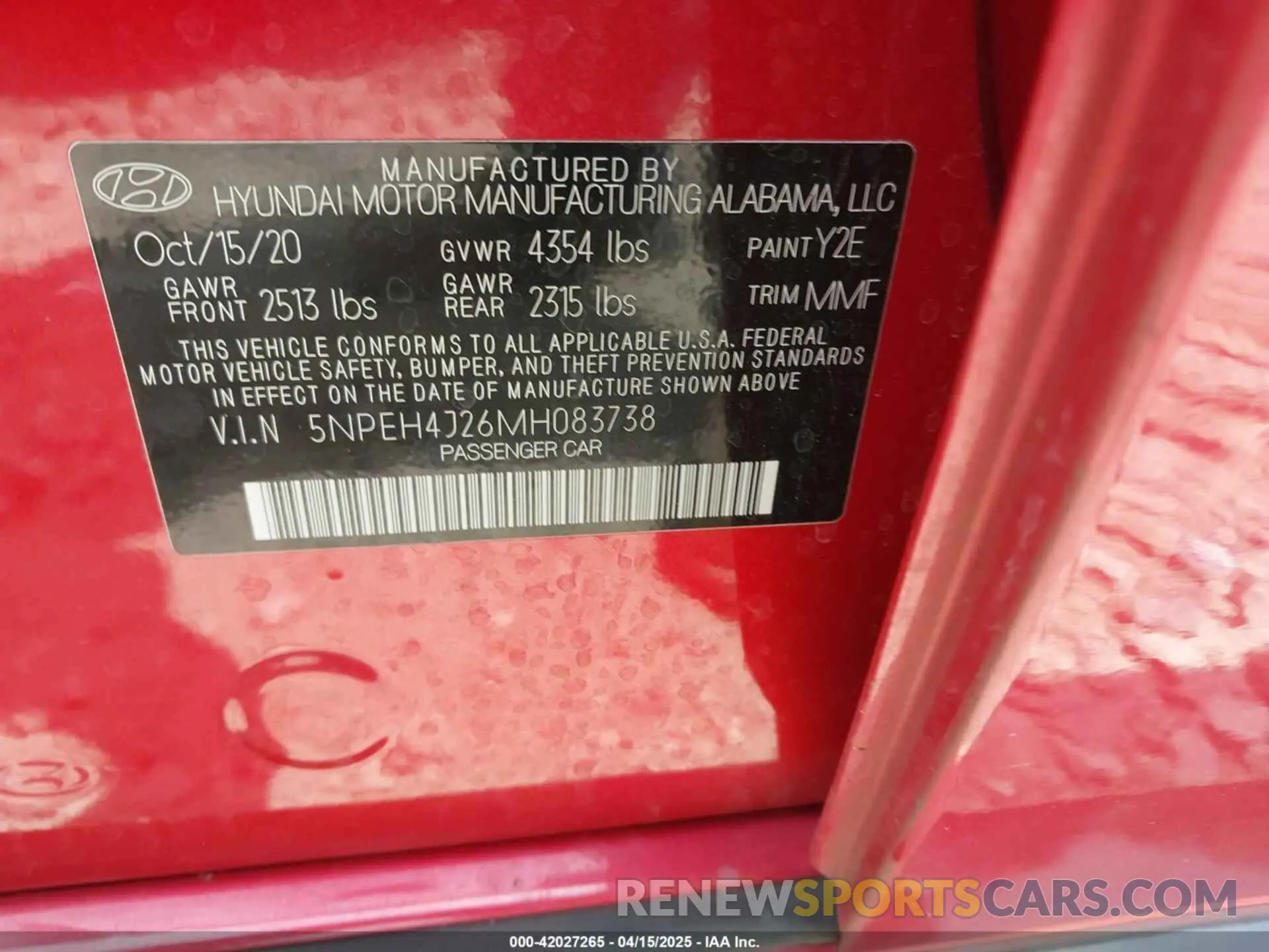 9 fotografías del automóvil dañado 5NPEH4J26MH083738 HYUNDAI SONATA 2021