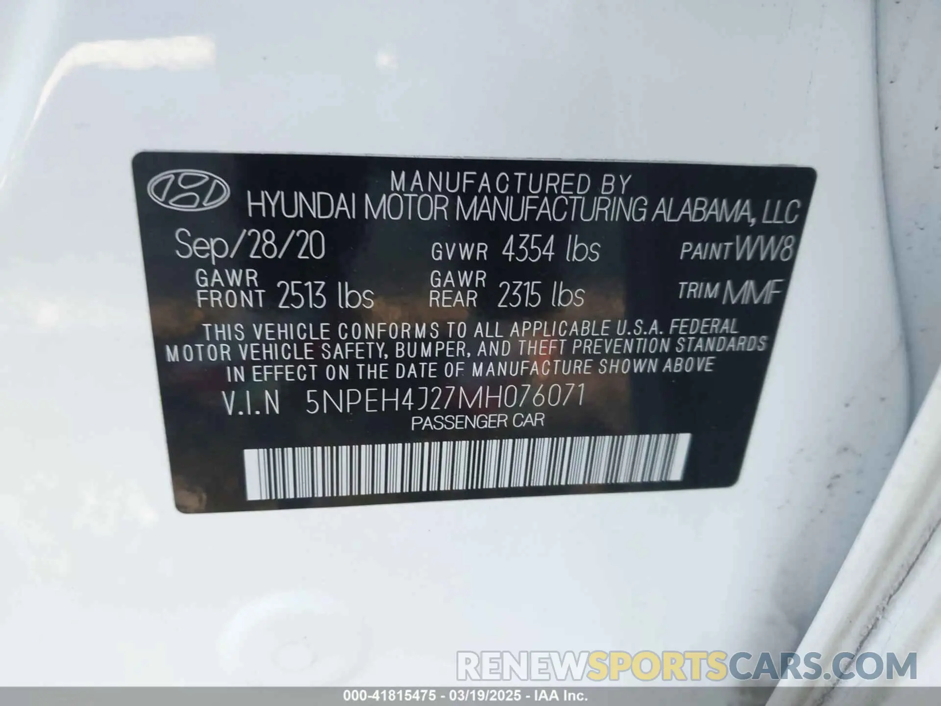 9 fotografías del automóvil dañado 5NPEH4J27MH076071 HYUNDAI SONATA 2021
