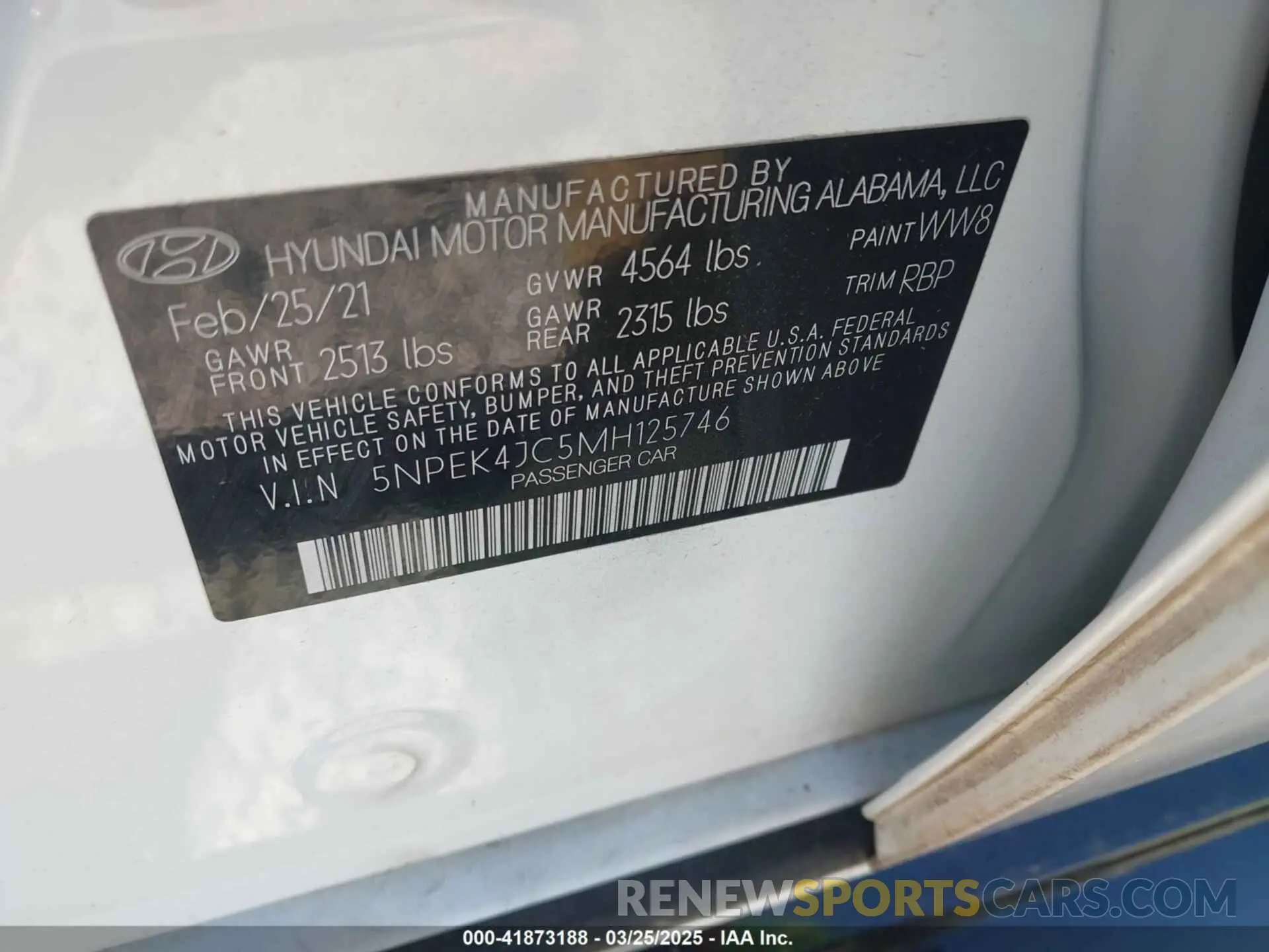 9 fotografías del automóvil dañado 5NPEK4JC5MH125746 HYUNDAI SONATA 2021