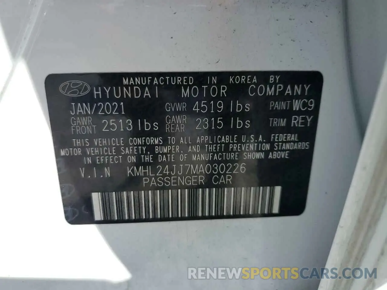 13 fotografías del automóvil dañado KMHL24JJ7MA030226 HYUNDAI SONATA 2021