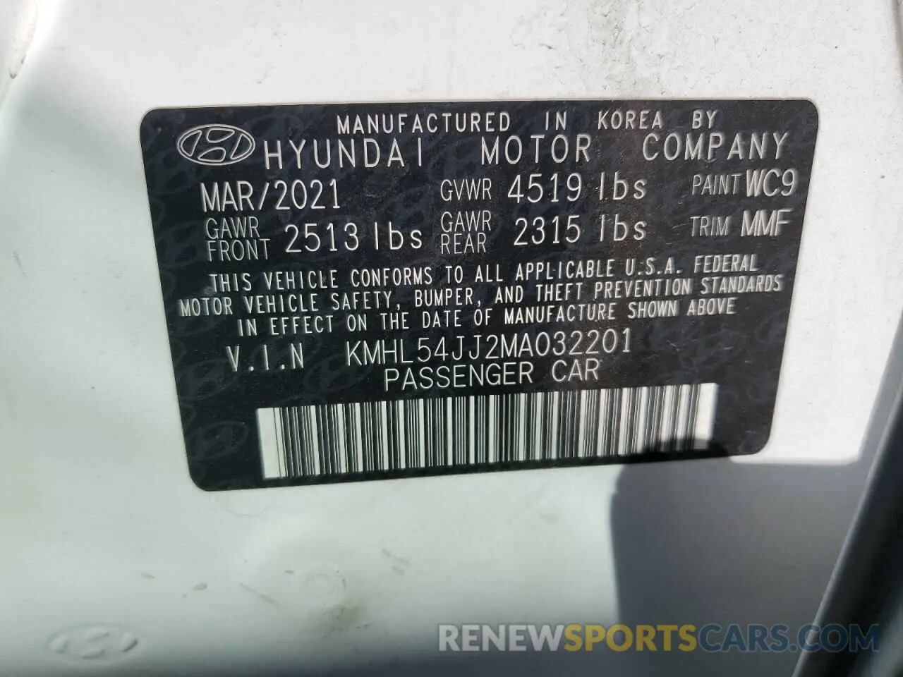12 fotografías del automóvil dañado KMHL54JJ2MA032201 HYUNDAI SONATA 2021