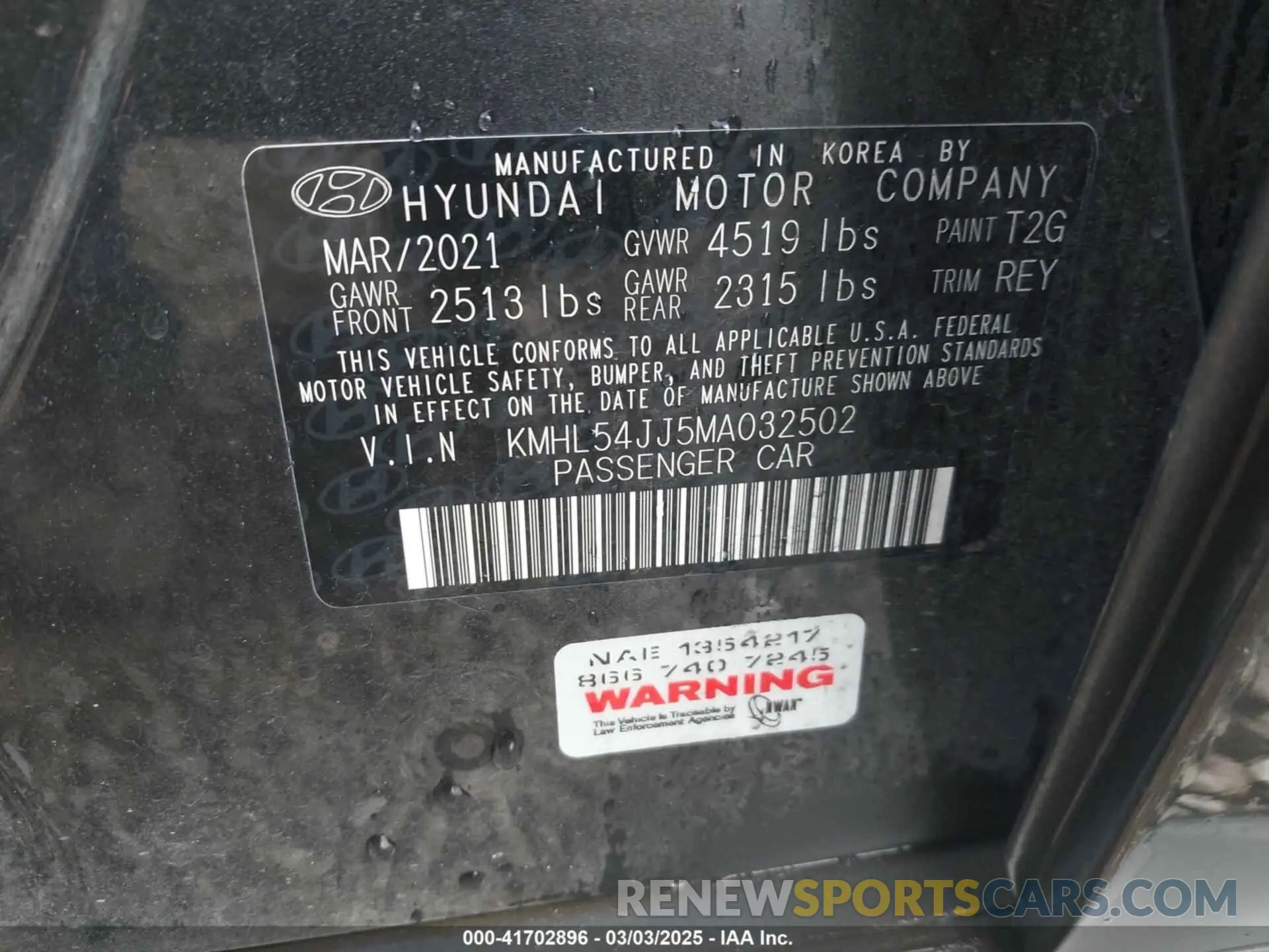 9 fotografías del automóvil dañado KMHL54JJ5MA032502 HYUNDAI SONATA 2021