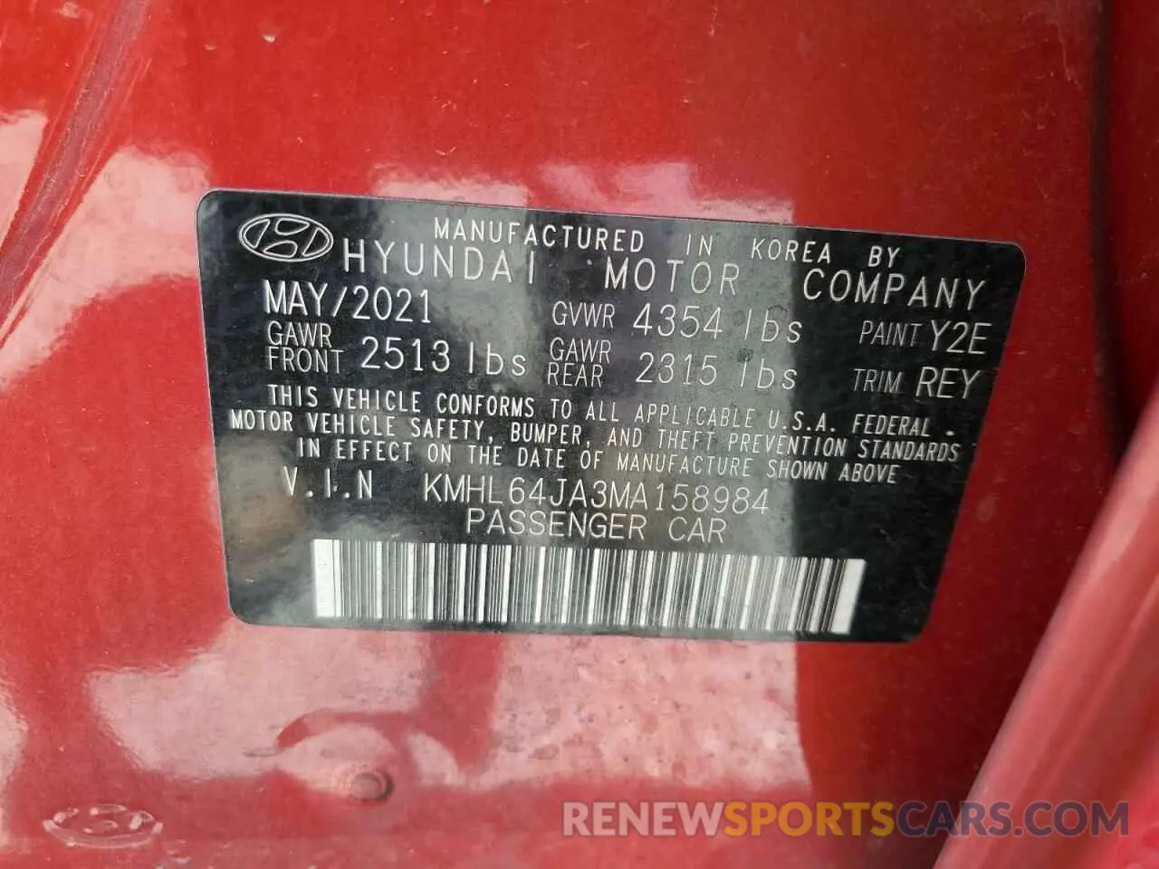 12 fotografías del automóvil dañado KMHL64JA3MA158984 HYUNDAI SONATA 2021