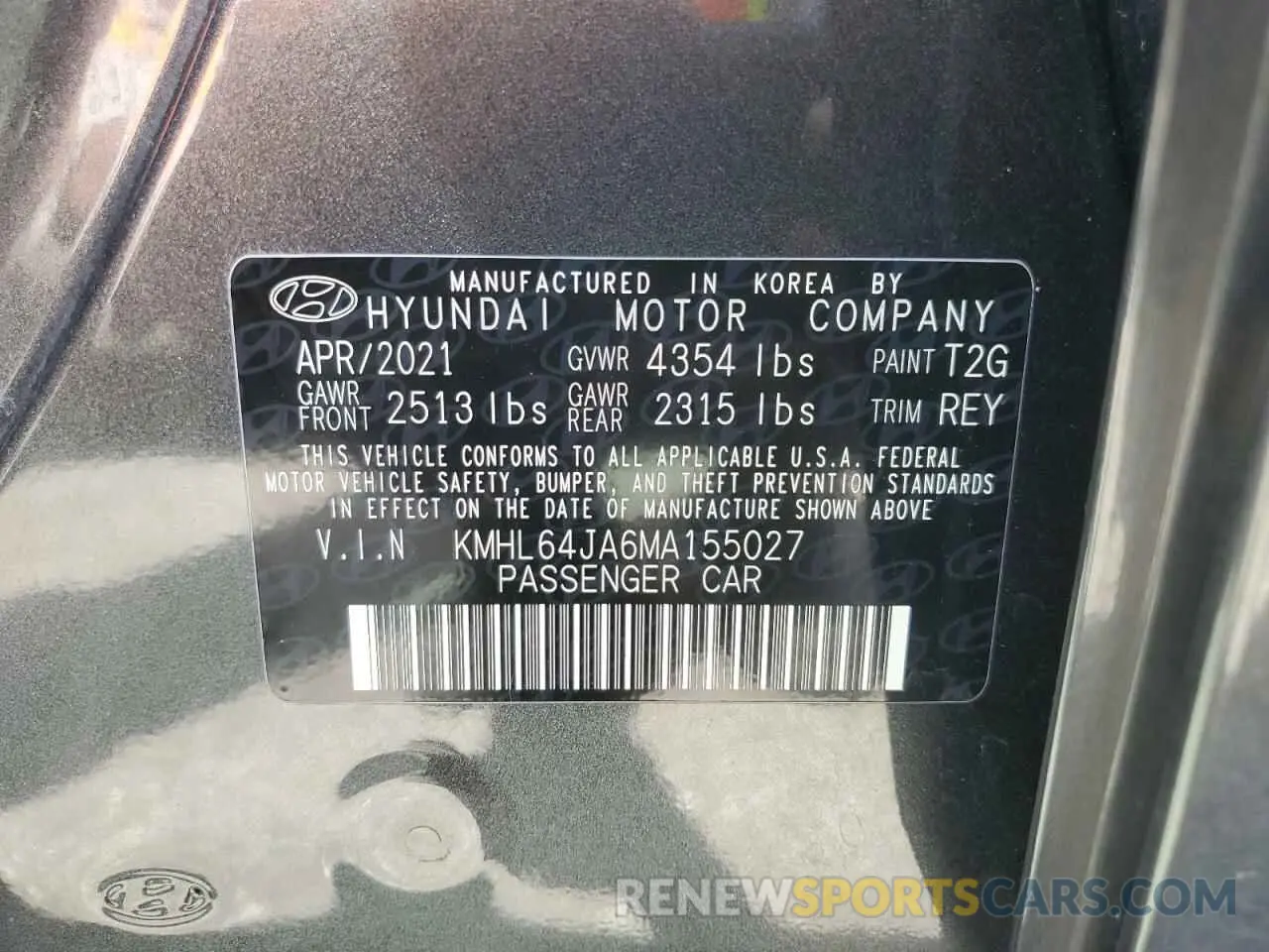 12 fotografías del automóvil dañado KMHL64JA6MA155027 HYUNDAI SONATA 2021