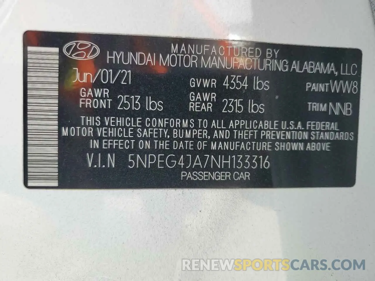 12 fotografías del automóvil dañado 5NPEG4JA7NH133316 HYUNDAI SONATA 2022