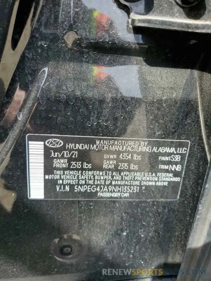 12 fotografías del automóvil dañado 5NPEG4JA9NH135231 HYUNDAI SONATA 2022