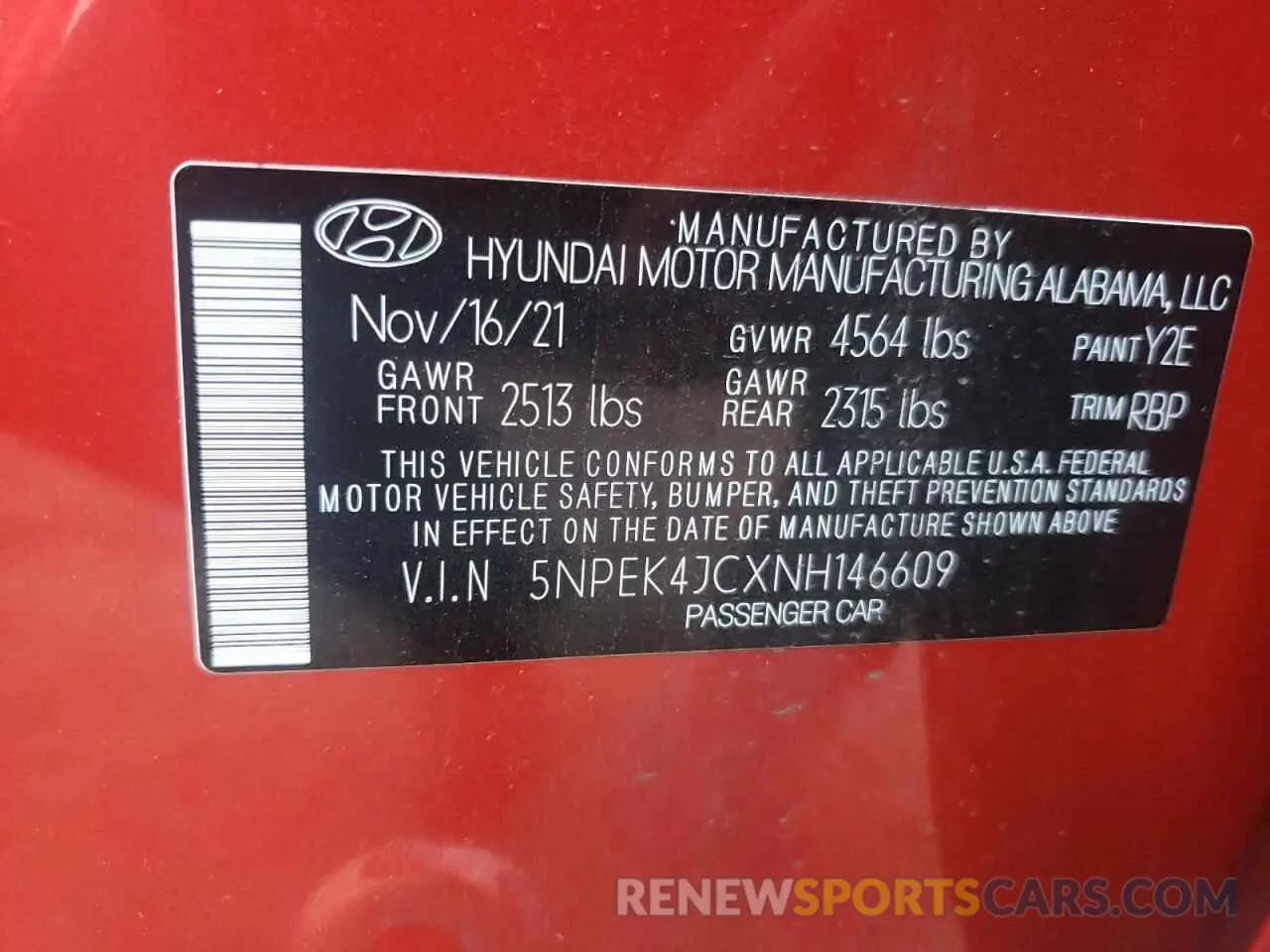 10 fotografías del automóvil dañado 5NPEK4JCXNH146609 HYUNDAI SONATA 2022