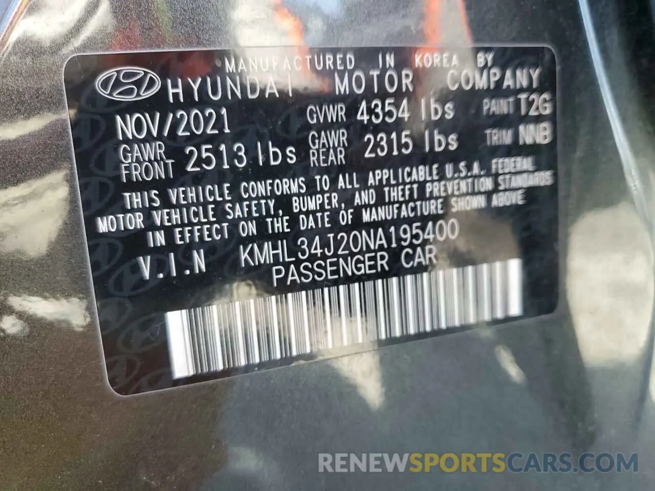 12 fotografías del automóvil dañado KMHL34J20NA195400 HYUNDAI SONATA 2022