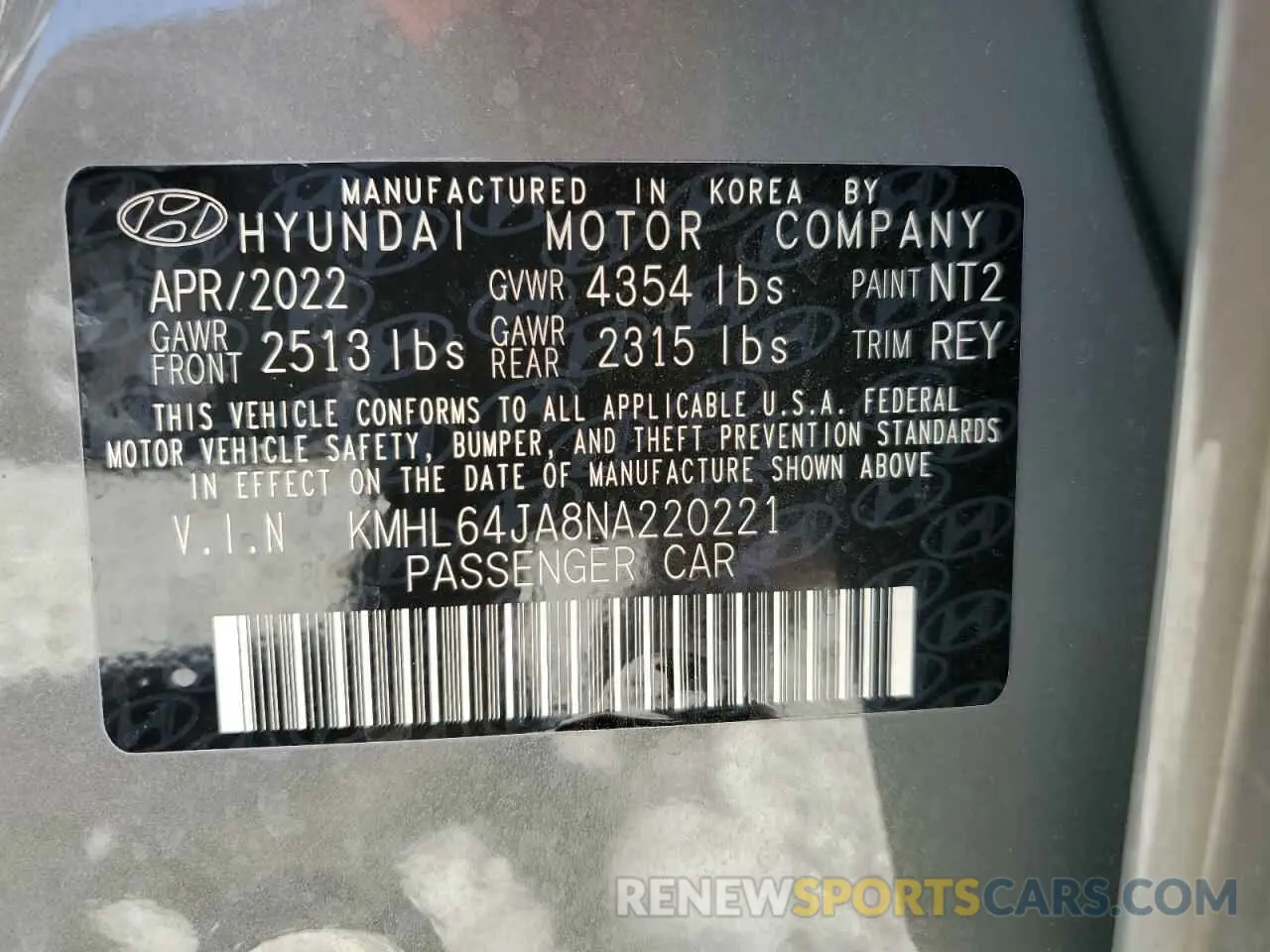 12 fotografías del automóvil dañado KMHL64JA8NA220221 HYUNDAI SONATA 2022