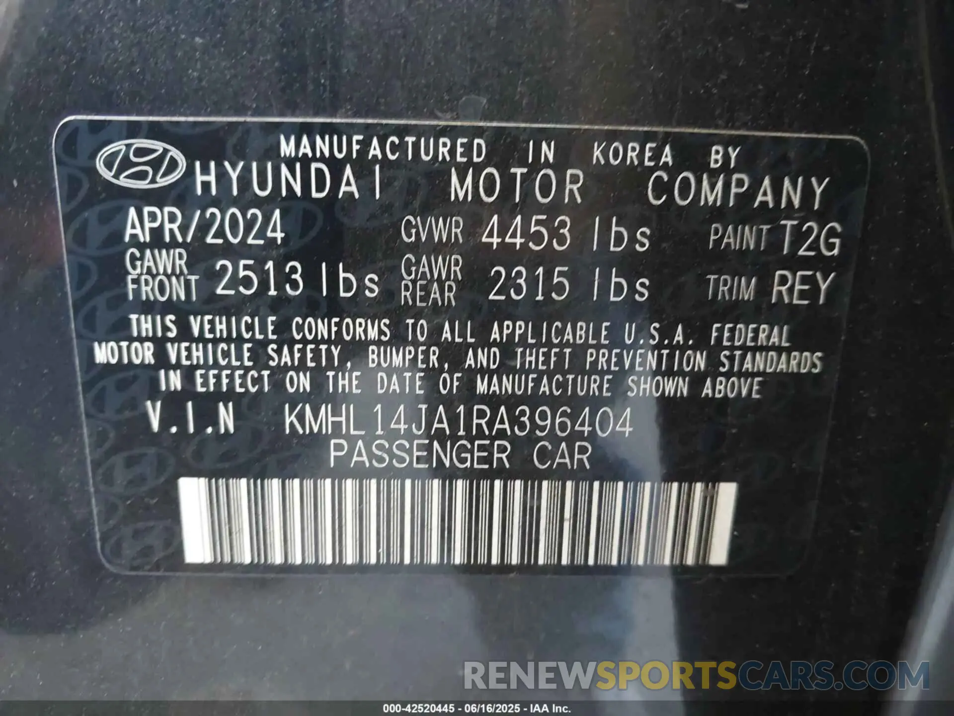 9 fotografías del automóvil dañado KMHL14JA1RA396404 HYUNDAI SONATA 2024