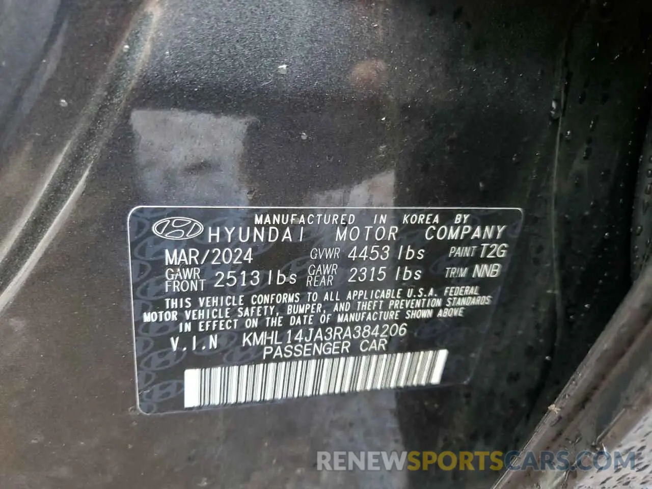 14 fotografías del automóvil dañado KMHL14JA3RA384206 HYUNDAI SONATA 2024