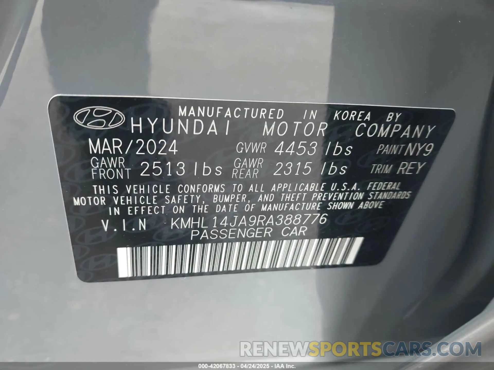 9 fotografías del automóvil dañado KMHL14JA9RA388776 HYUNDAI SONATA 2024