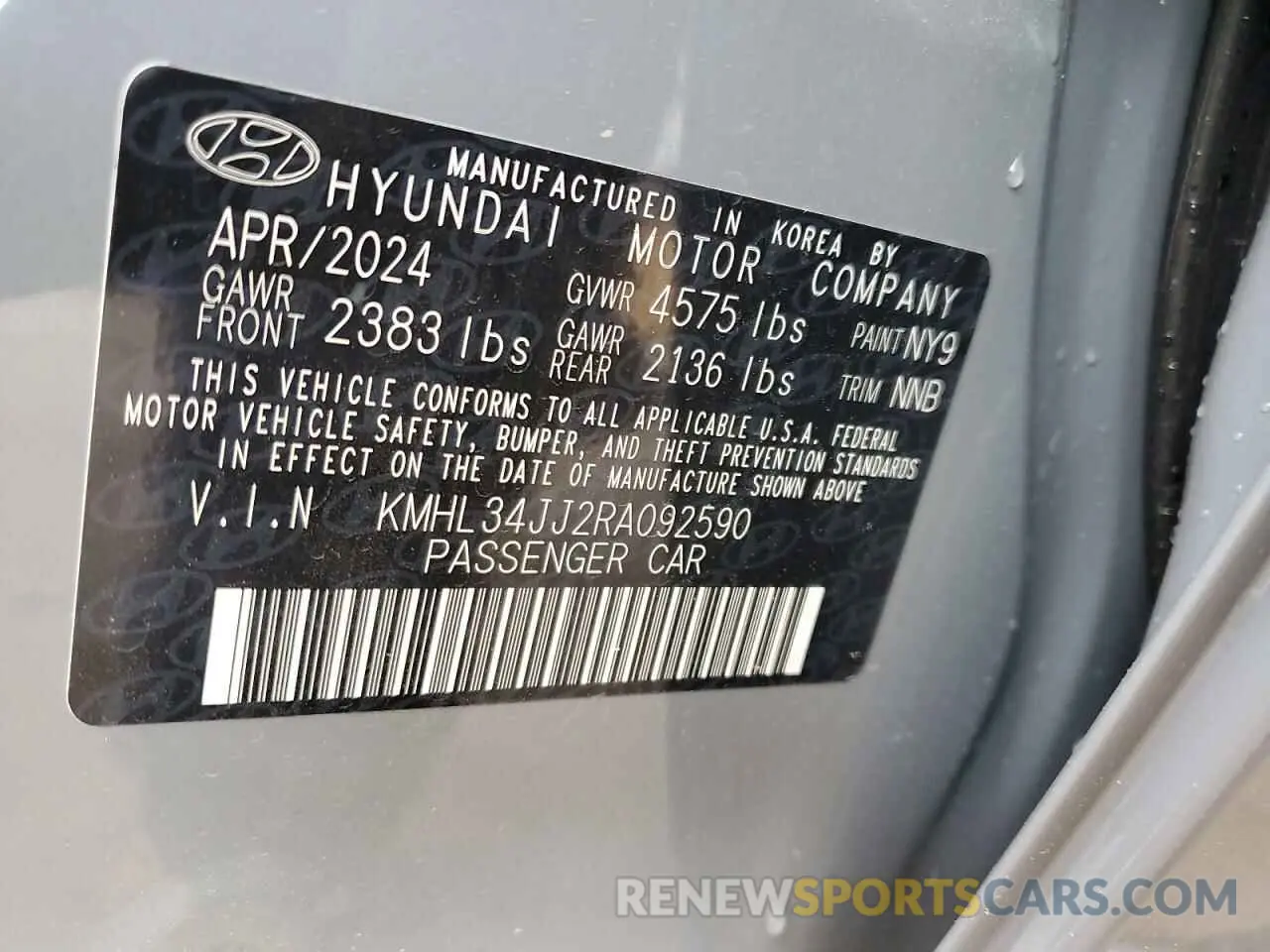 12 fotografías del automóvil dañado KMHL34JJ2RA092590 HYUNDAI SONATA 2024
