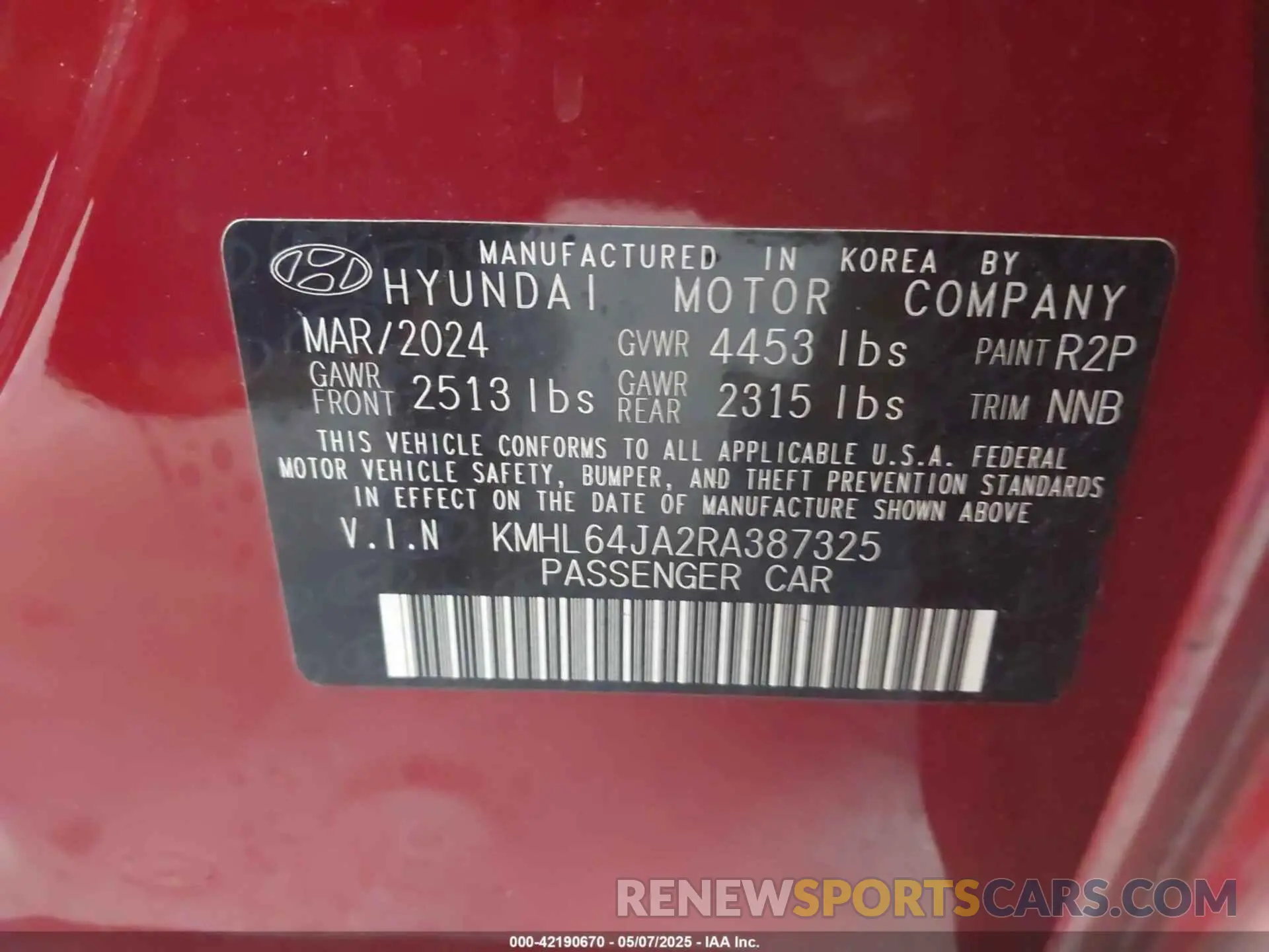 9 fotografías del automóvil dañado KMHL64JA2RA387325 HYUNDAI SONATA 2024