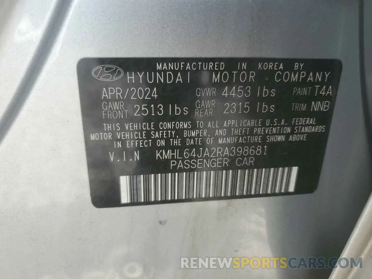 14 fotografías del automóvil dañado KMHL64JA2RA398681 HYUNDAI SONATA 2024