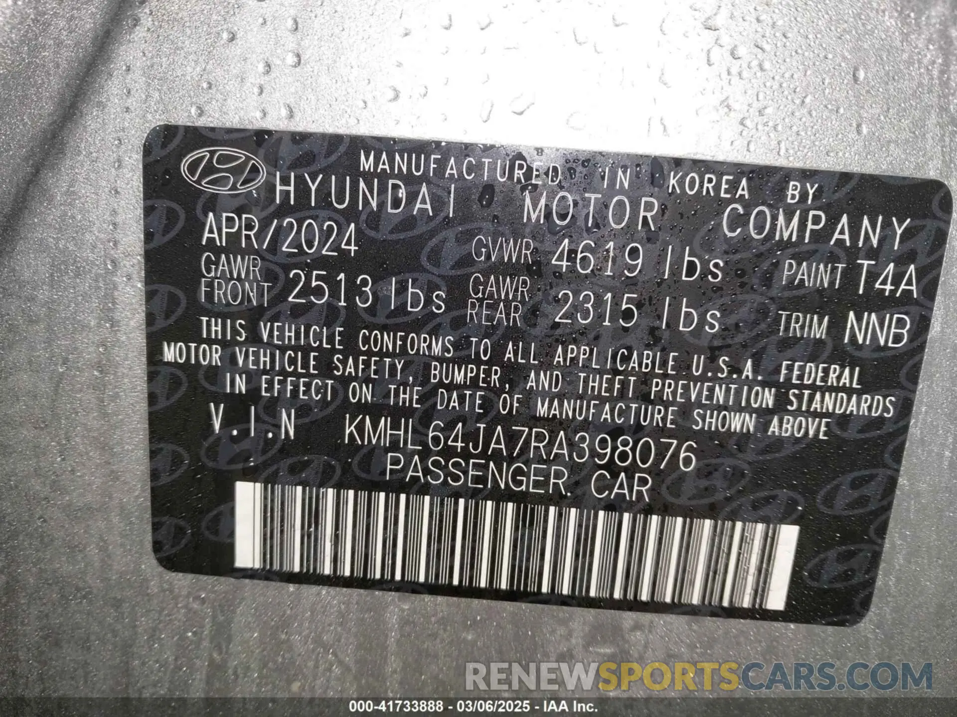 9 fotografías del automóvil dañado KMHL64JA7RA398076 HYUNDAI SONATA 2024