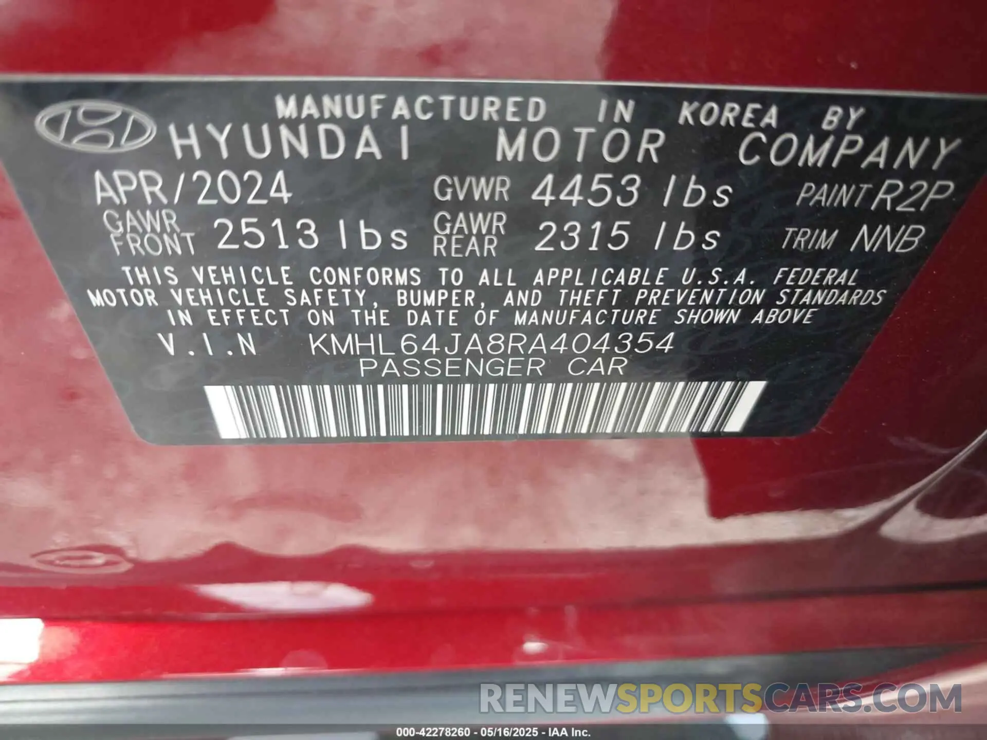 9 fotografías del automóvil dañado KMHL64JA8RA404354 HYUNDAI SONATA 2024