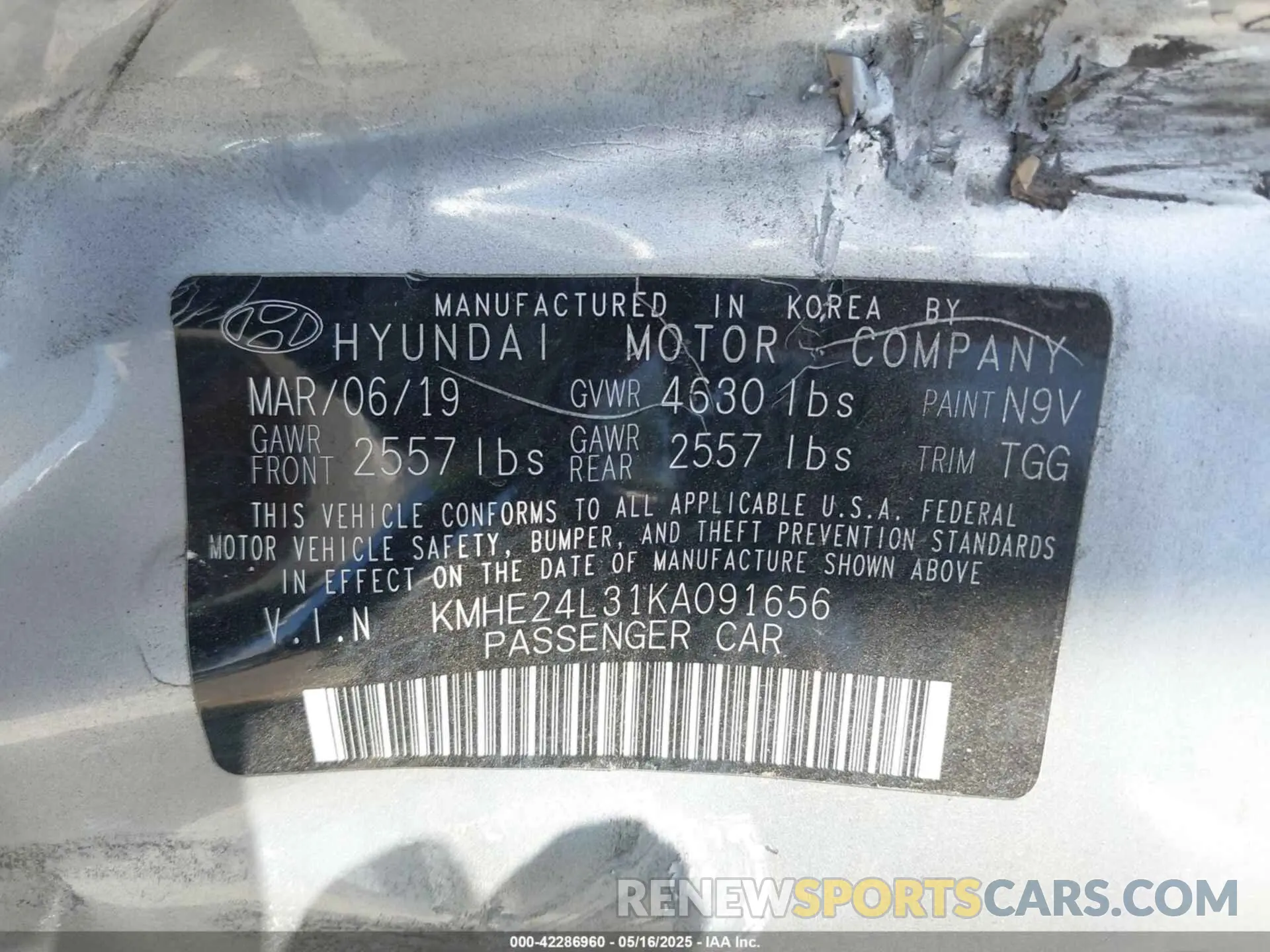 9 fotografías del automóvil dañado KMHE24L31KA091656 HYUNDAI SONATA HYBRID 2019