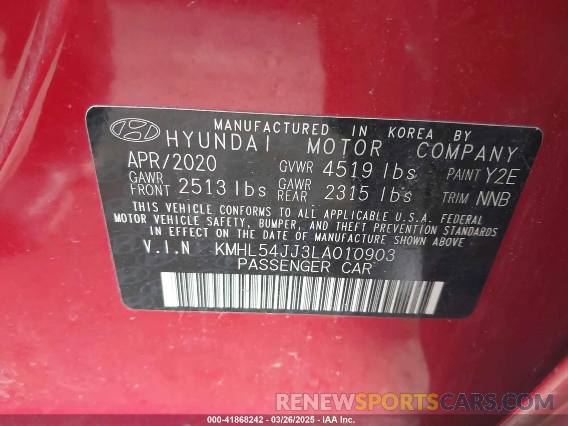 9 fotografías del automóvil dañado KMHL54JJ3LA010903 HYUNDAI SONATA HYBRID 2020