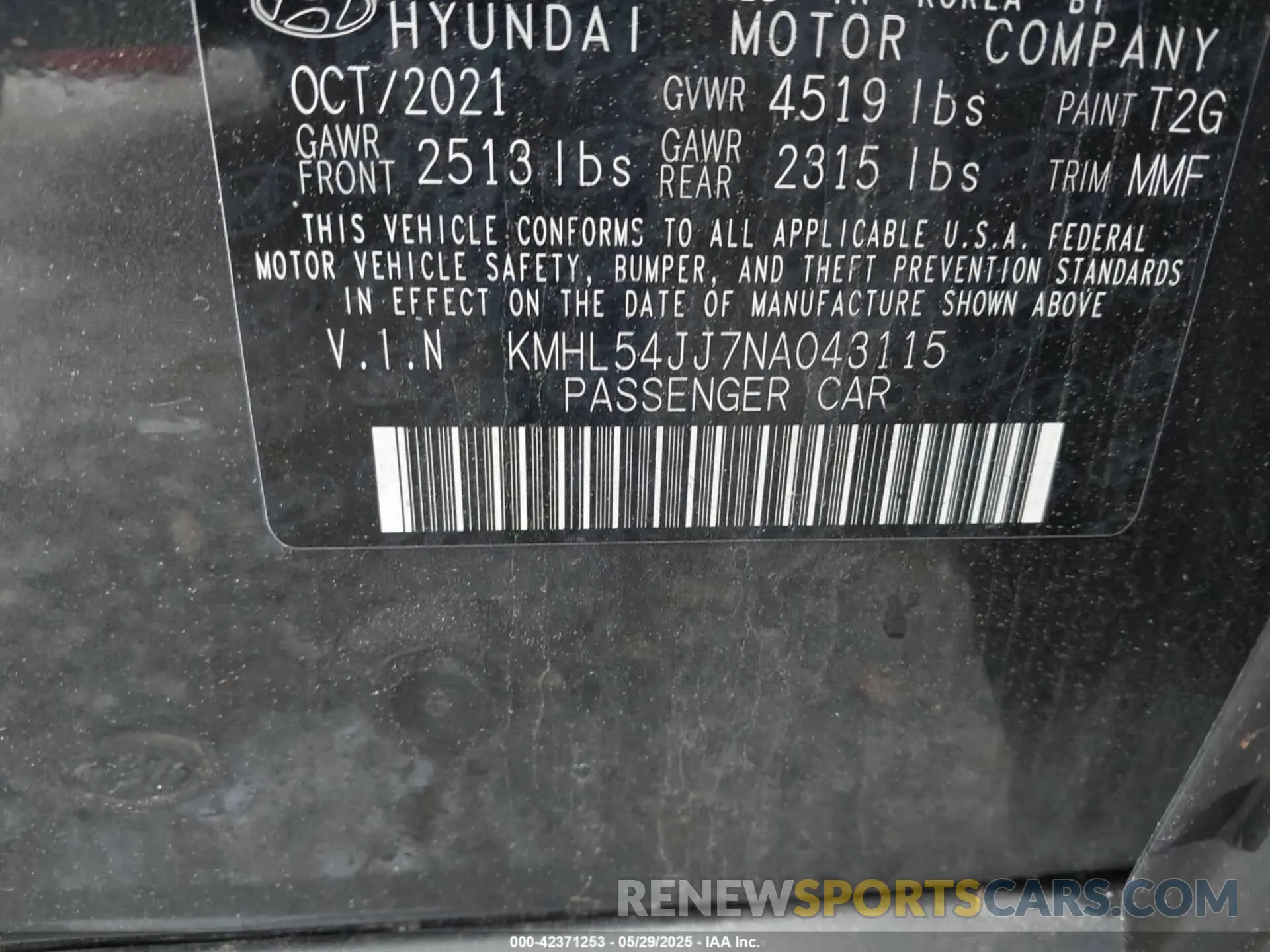 9 fotografías del automóvil dañado KMHL54JJ7NA043115 HYUNDAI SONATA HYBRID 2022