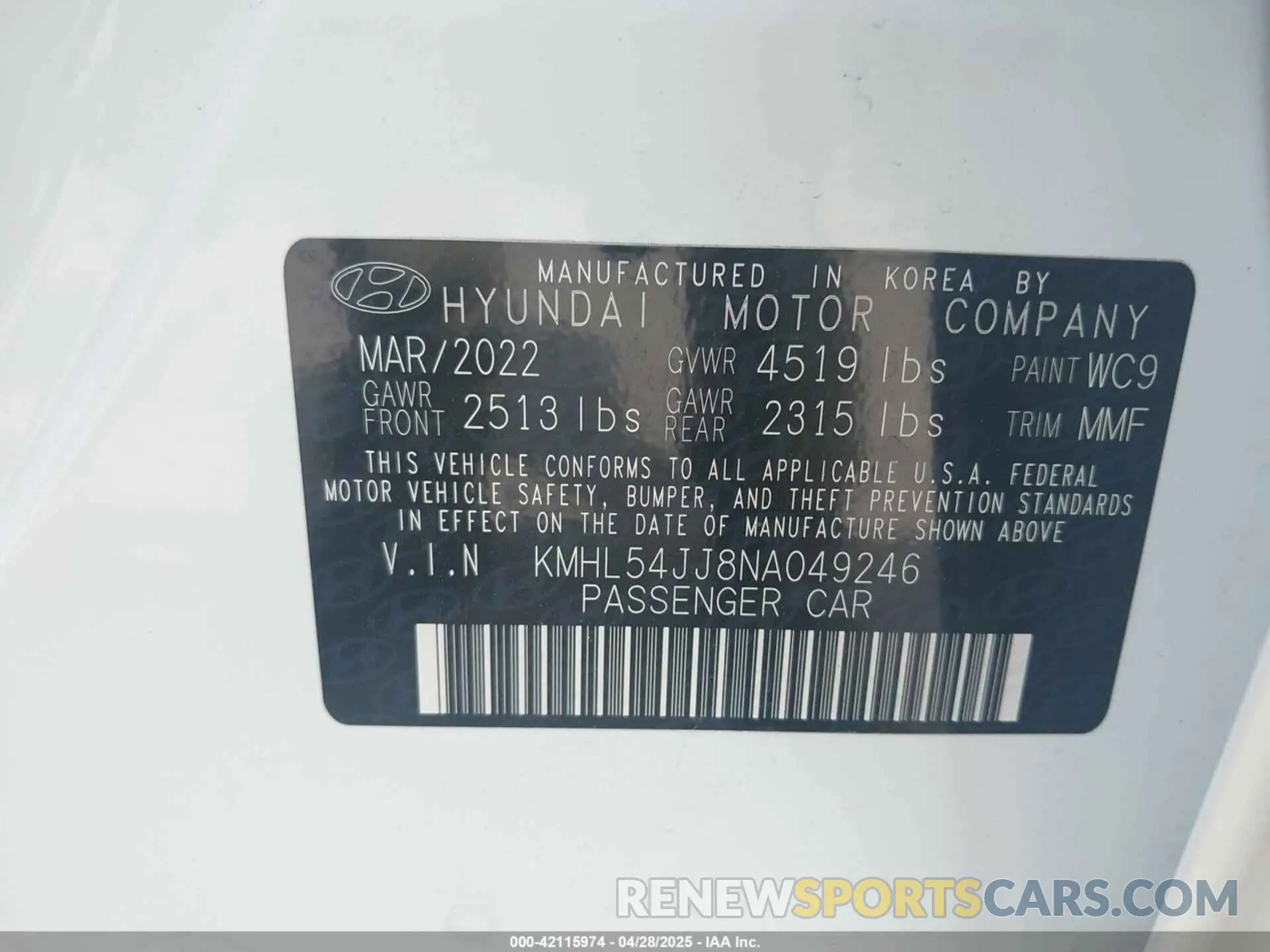 9 fotografías del automóvil dañado KMHL54JJ8NA049246 HYUNDAI SONATA HYBRID 2022