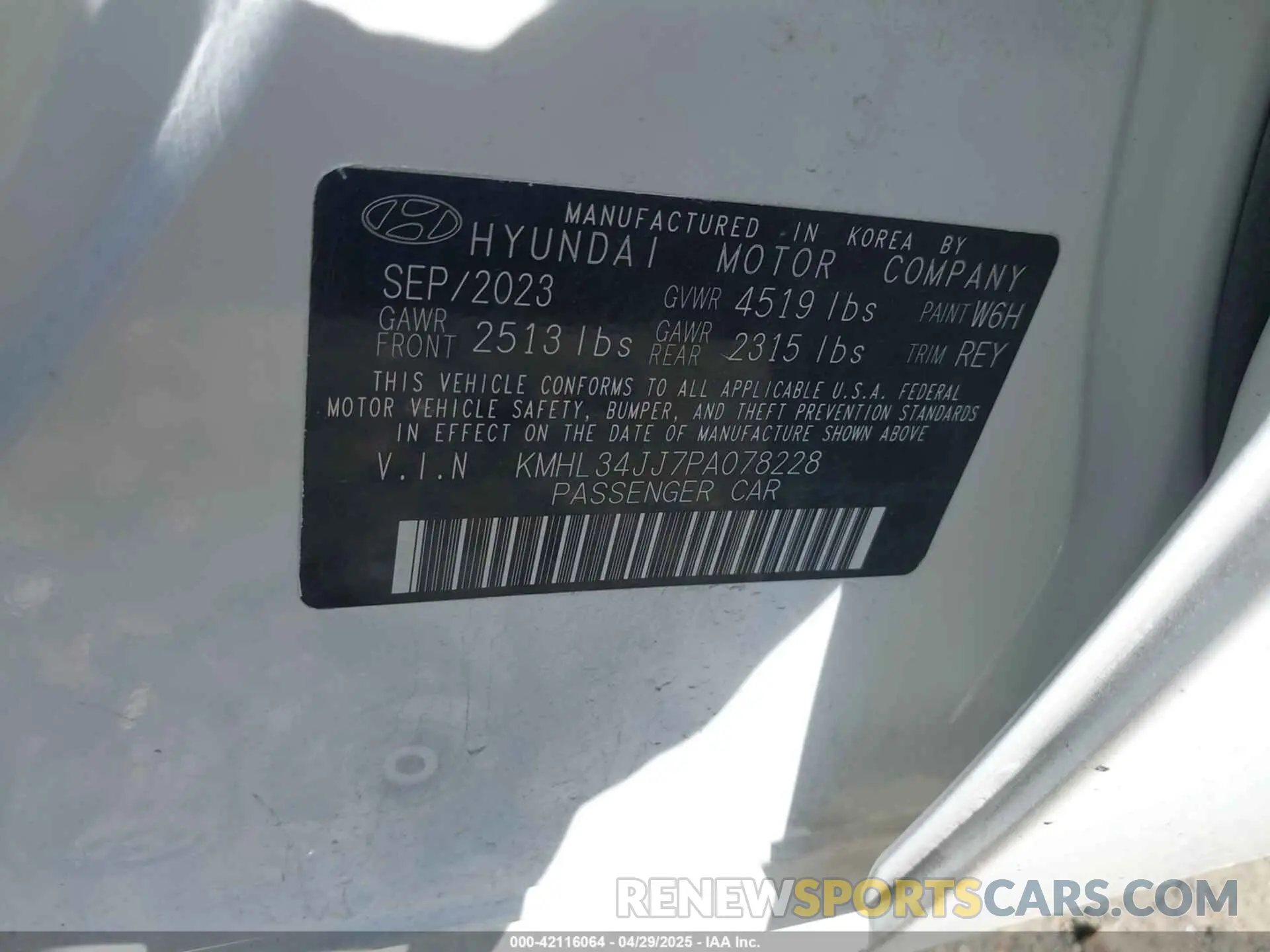 9 fotografías del automóvil dañado KMHL34JJ7PA078228 HYUNDAI SONATA HYBRID 2023
