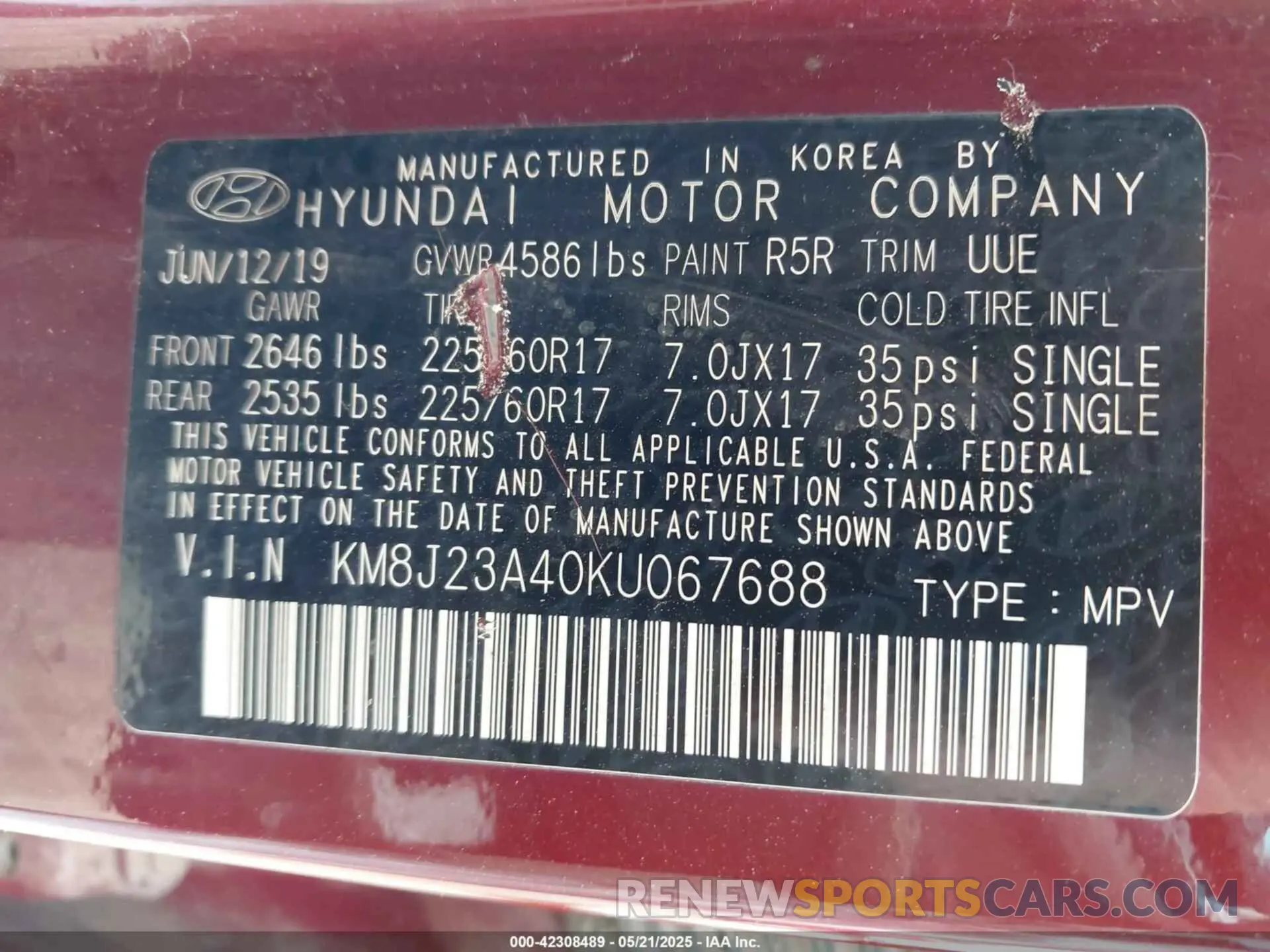 9 fotografías del automóvil dañado KM8J23A40KU067688 HYUNDAI TUCSON 2019