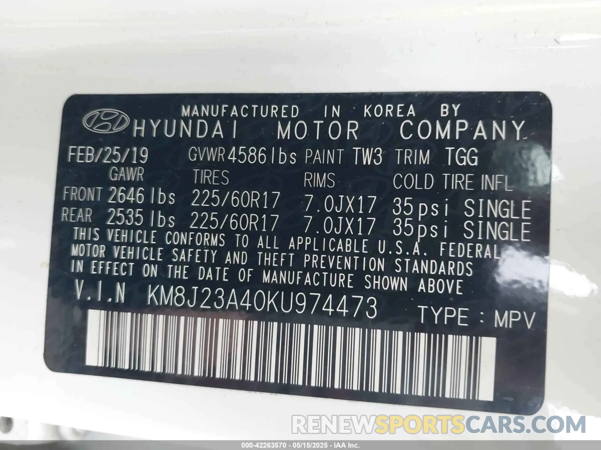 9 fotografías del automóvil dañado KM8J23A40KU974473 HYUNDAI TUCSON 2019