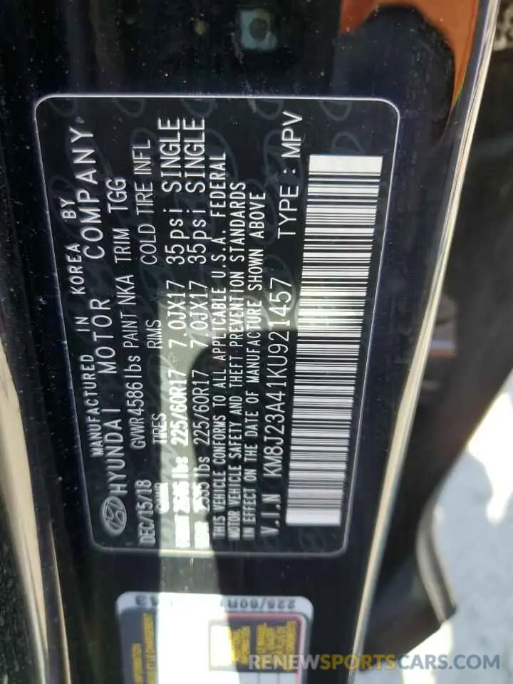 14 fotografías del automóvil dañado KM8J23A41KU921457 HYUNDAI TUCSON 2019