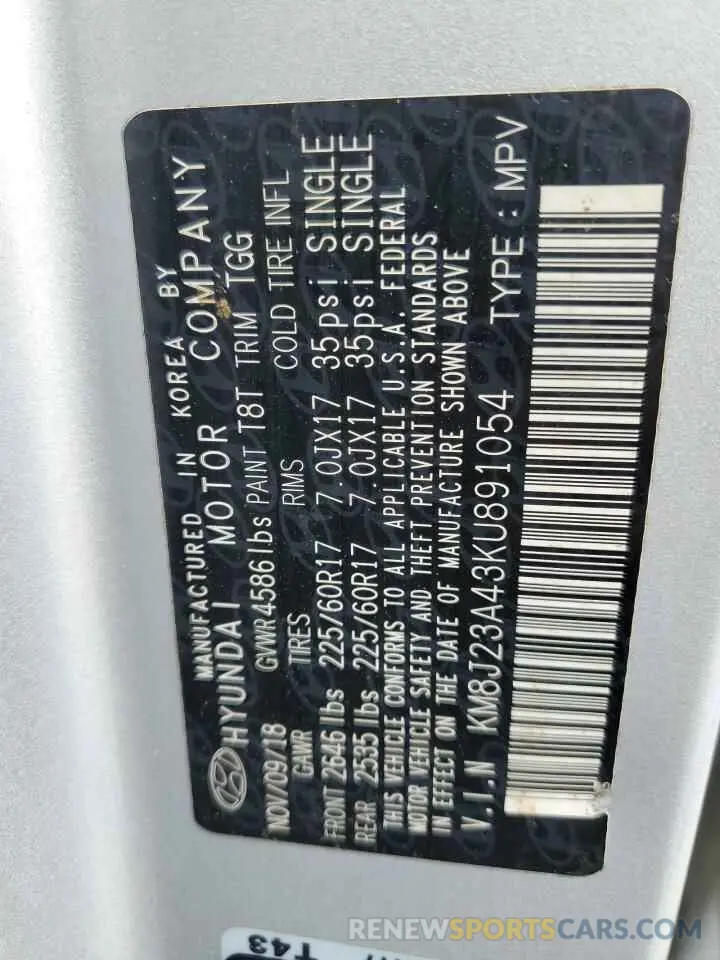 13 fotografías del automóvil dañado KM8J23A43KU891054 HYUNDAI TUCSON 2019