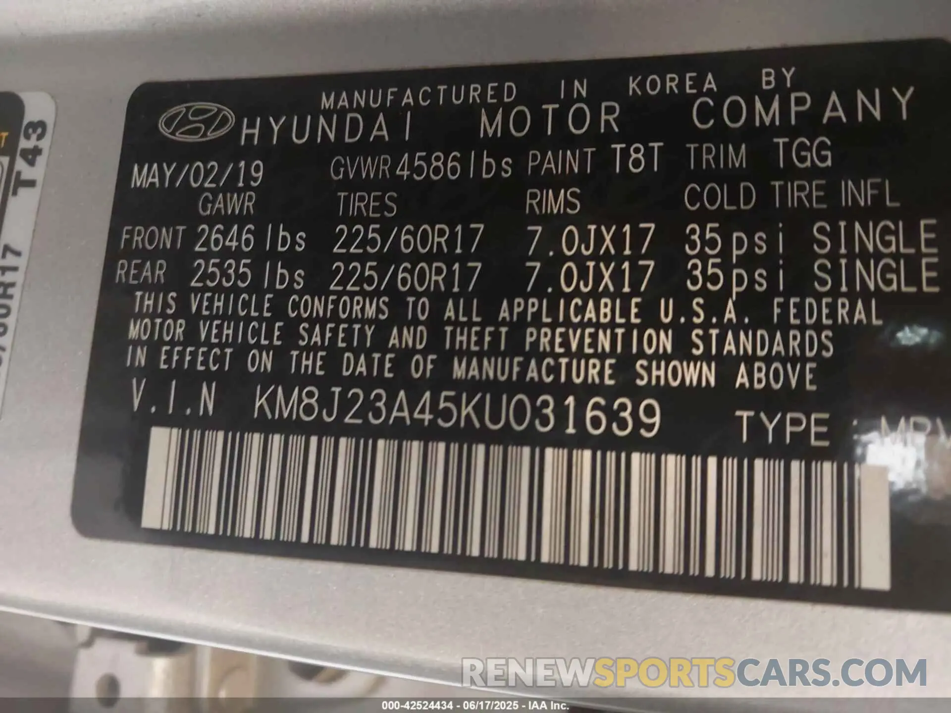 9 fotografías del automóvil dañado KM8J23A45KU031639 HYUNDAI TUCSON 2019