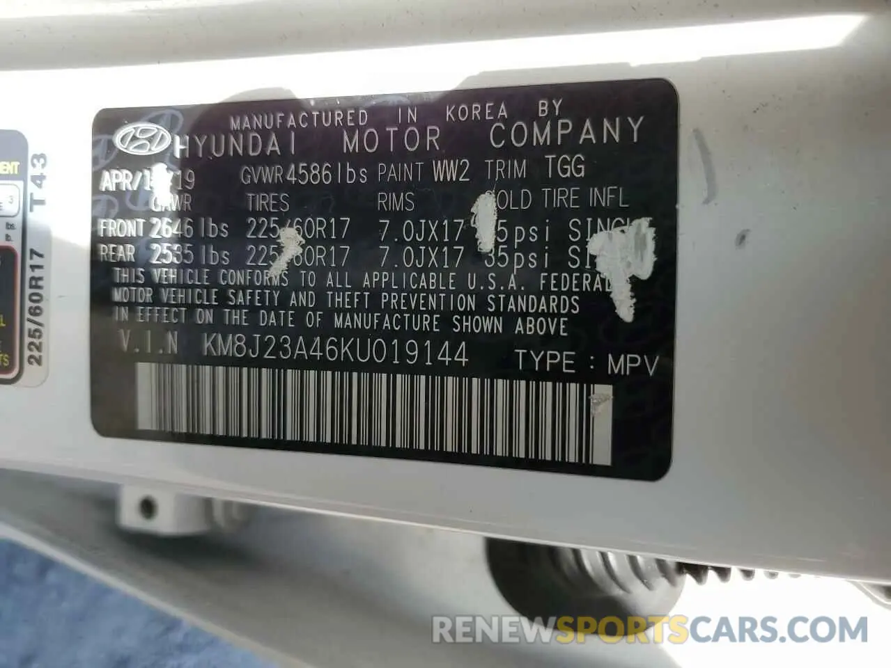 12 fotografías del automóvil dañado KM8J23A46KU019144 HYUNDAI TUCSON 2019